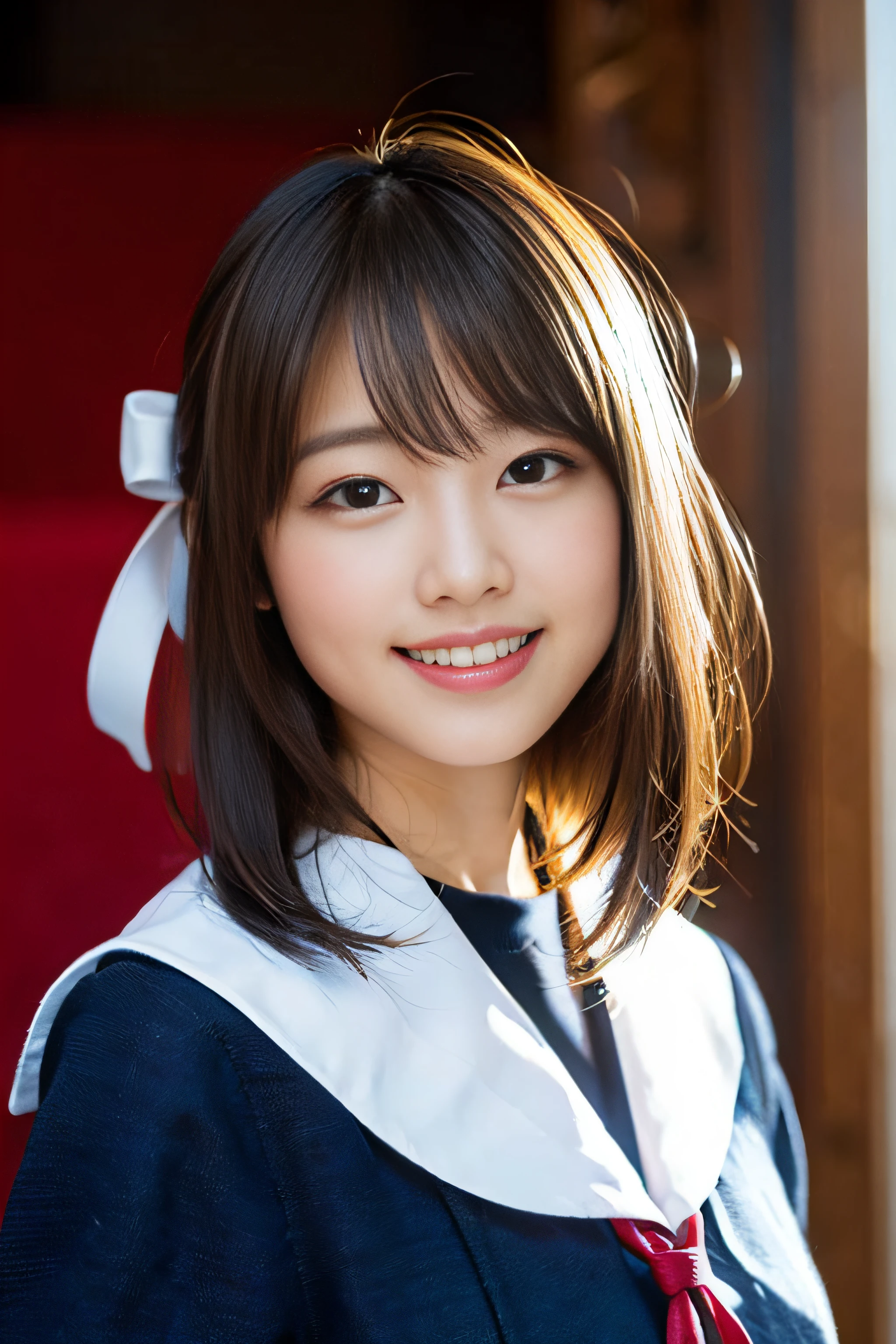 (8K、Raw photography、top-quality、masterpiece:1.2)、(realisitic、Photorealsitic:1.37)、ultra-detailliert、超A high resolution、女の子1人、see the beholder、beautifull detailed face、A smile、Constriction、(Slim waist) :1.3)、Beautiful detailed skin、Skin Texture、Floating hair、Professional Lighting、Whole human body、Longhaire、a blond、japanese hight school uniform、a sailor suit、Bob Hair、Happy smile、17 age、a baby face、Red ribbons