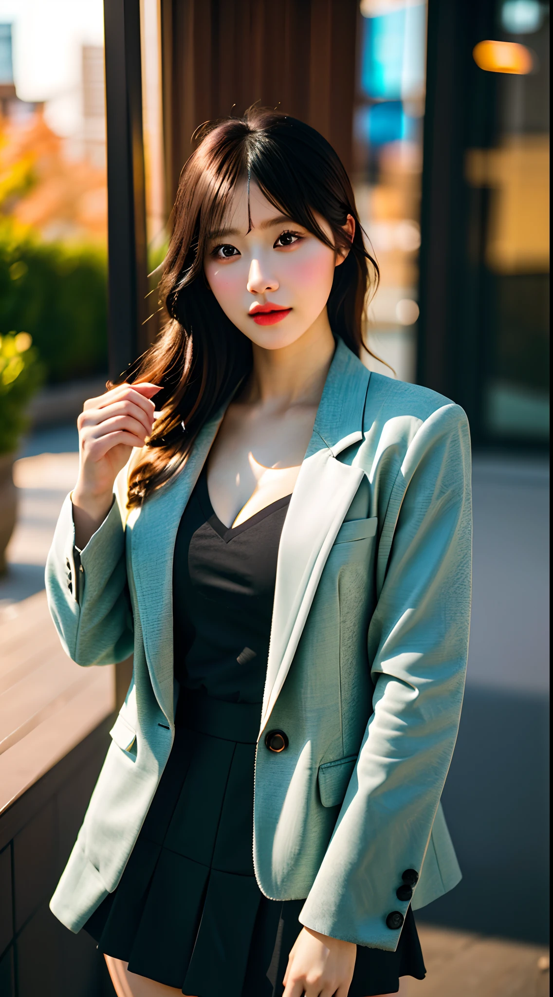 best quality, masterpiece, 1girl, Beautiful face, (photo realistic:1.3), rim lighting, (high detailed skin:1.2), 8k uhd, dslr, high quality, high resolution, 4k, 8k, Bokeh, absurdres, best ratio four finger and one thumb, (realistic:1.3), cute 1girl, wearing black formal blazer, medium breasts, short skirt,