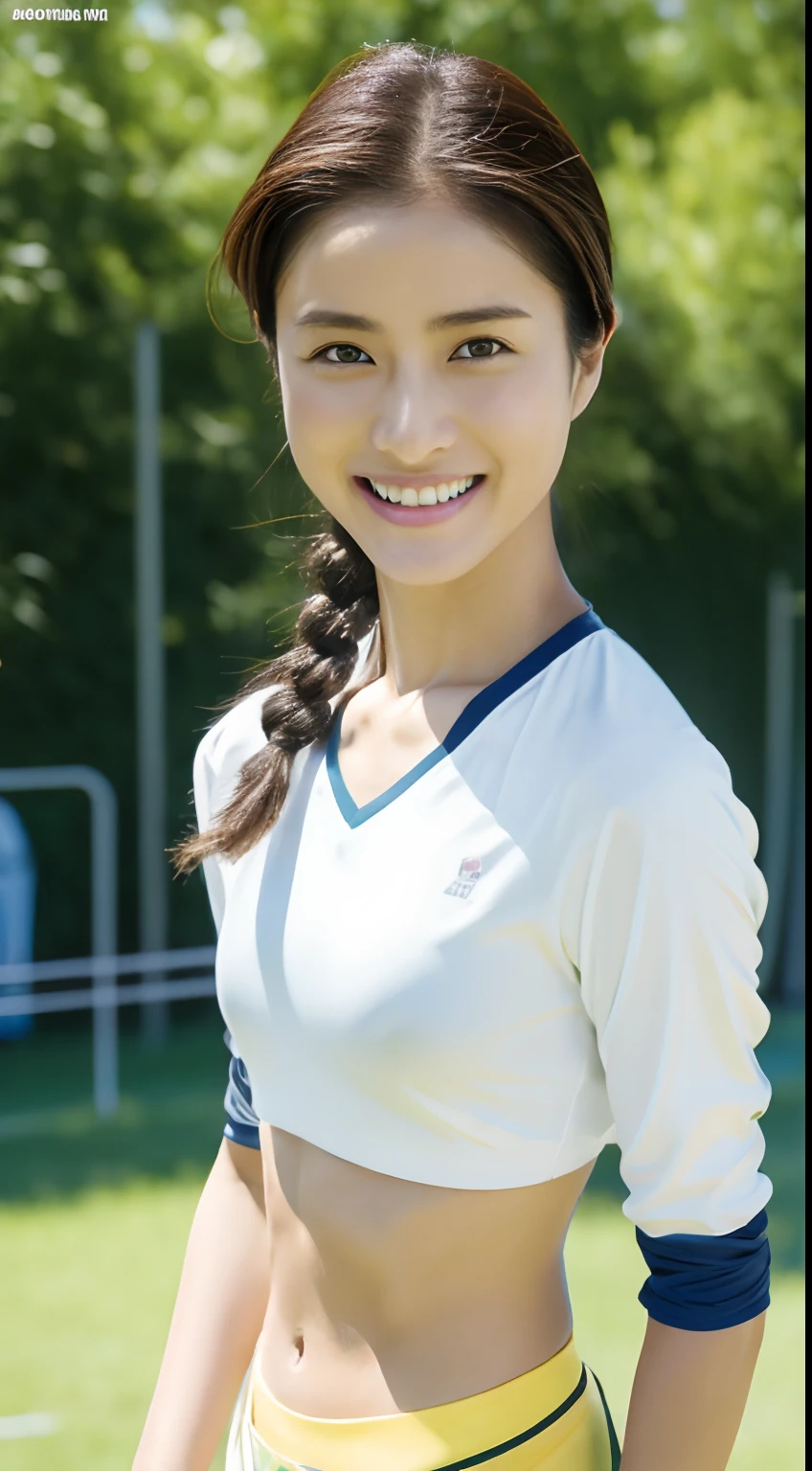 ishiharasatomi, (Cowboy Shot:1.4), (SIGMA 24 mm F/1.4), Looking at Viewer, skinny,short torso, (flat chest), Track and field girl, two side up,french braids, (High Detail Beach Volleyball Uniform,low rise,high-necked,front zipper ), (Midriff,Navel:1, (Satin Gloss), (Athletics Course,plein air),