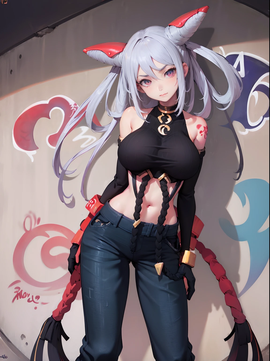 Qi|Arena of Valor, master-piece, bestquality, 1girls,25 years old, proportional body, elongated legs, Beautiful, proportional., crop top, Long Jeans, gigantic breasts, ,bara, crop top, choker, (Graffiti:1.5), Splash with purple lightning pattern., arm behind back, against wall, View viewers from the front., Thigh strap, Head tilt, bored,