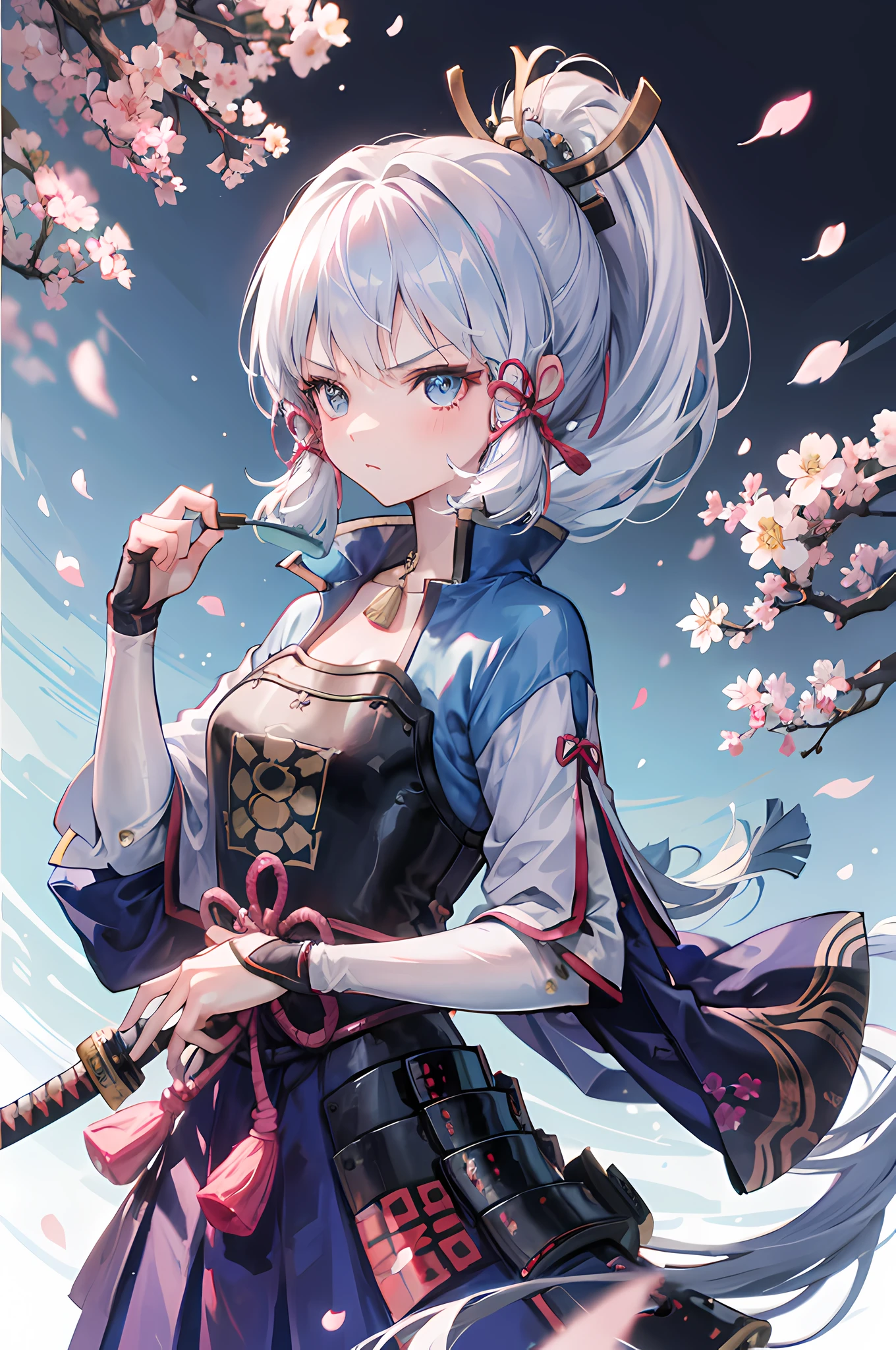 1 girl,ponytail,samurai mask,samurai,holding katana,angry,furious eyes,perfect eyes,cherry blossom,celestial lighting,japanese background,better quality,highres