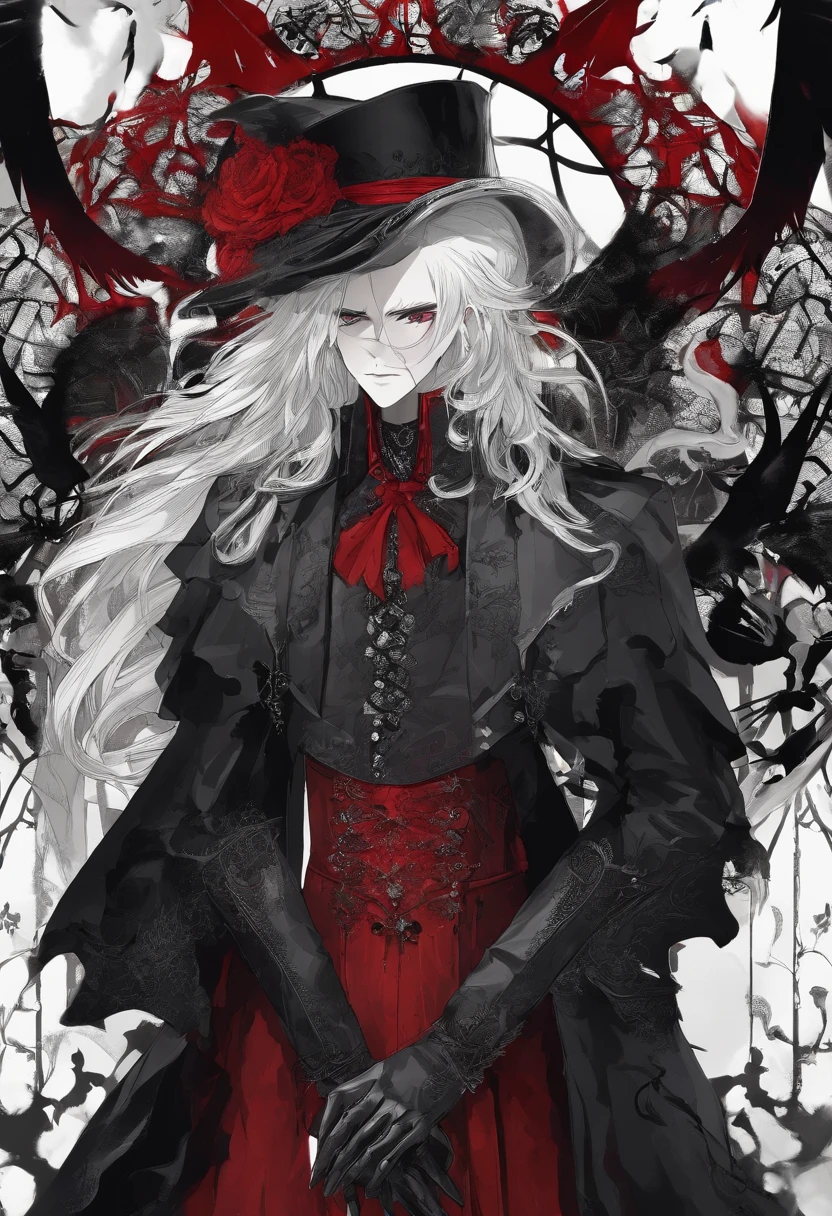 male people,Black and red dress,Hat,whaite hair,magister