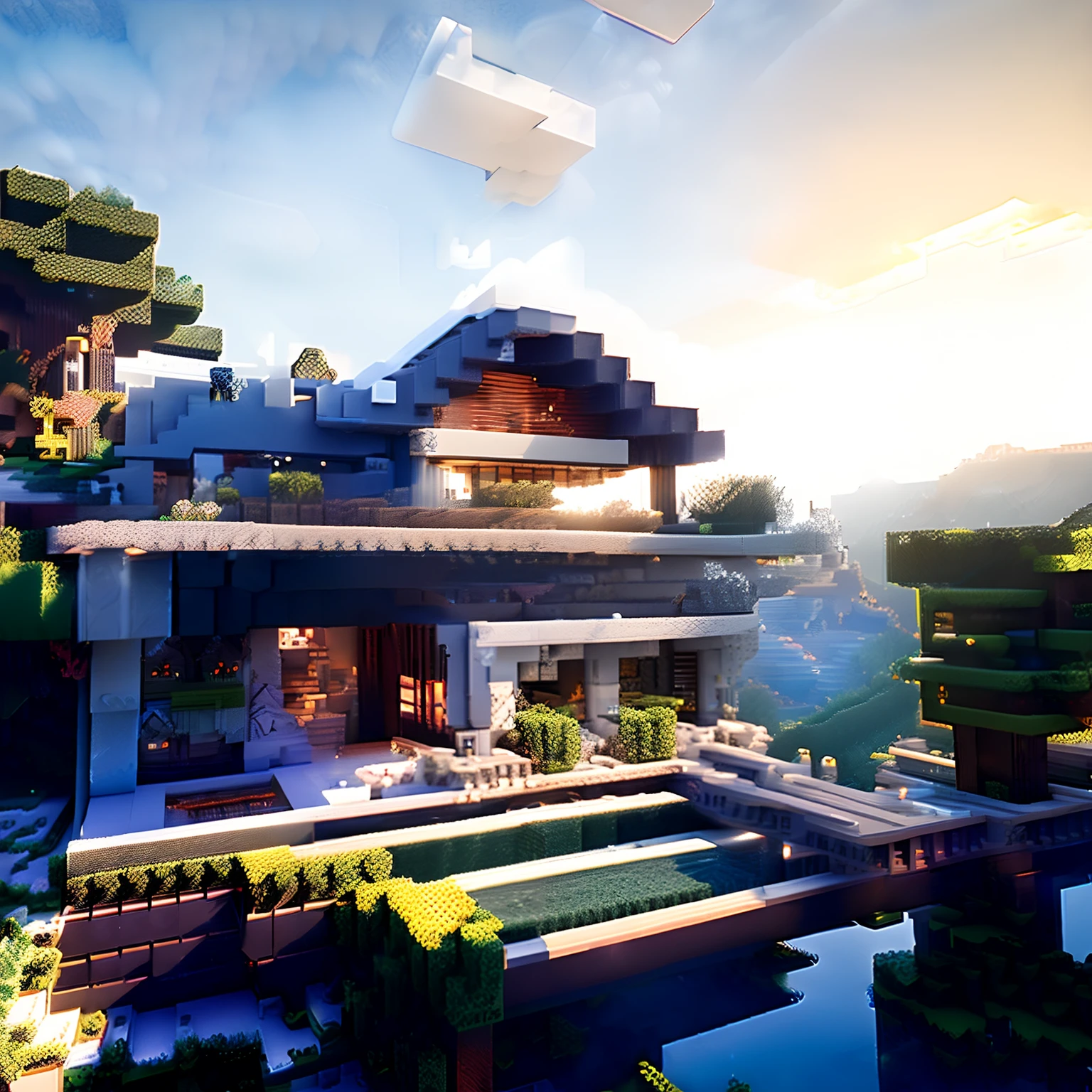 mordenhouse, Duan, Glass house with pitched roof, moderno, Dynamic (Minecraft), ((Block Architecture)) top-quality, ​masterpiece:1.2), (hyper realstic, Photorealsitic:1.2), hightquality, (dark ilumination:1.2), Perfect litthing, archdaily