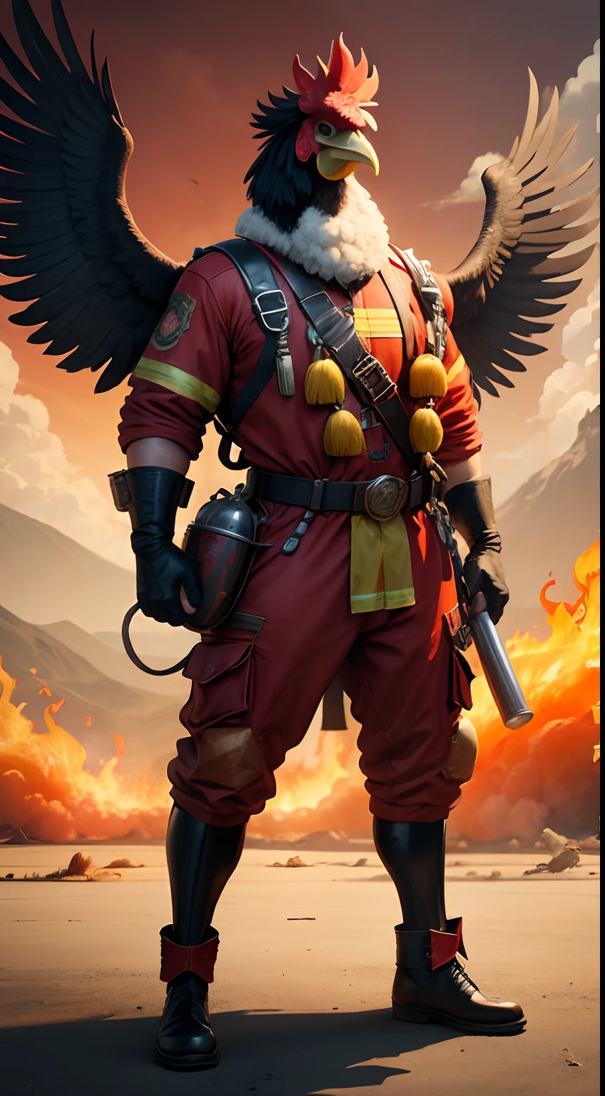 rooster mask fire fighter, full body, vintage colors, fire fighting background, dangerous situation, masterpiece, ultra high quality