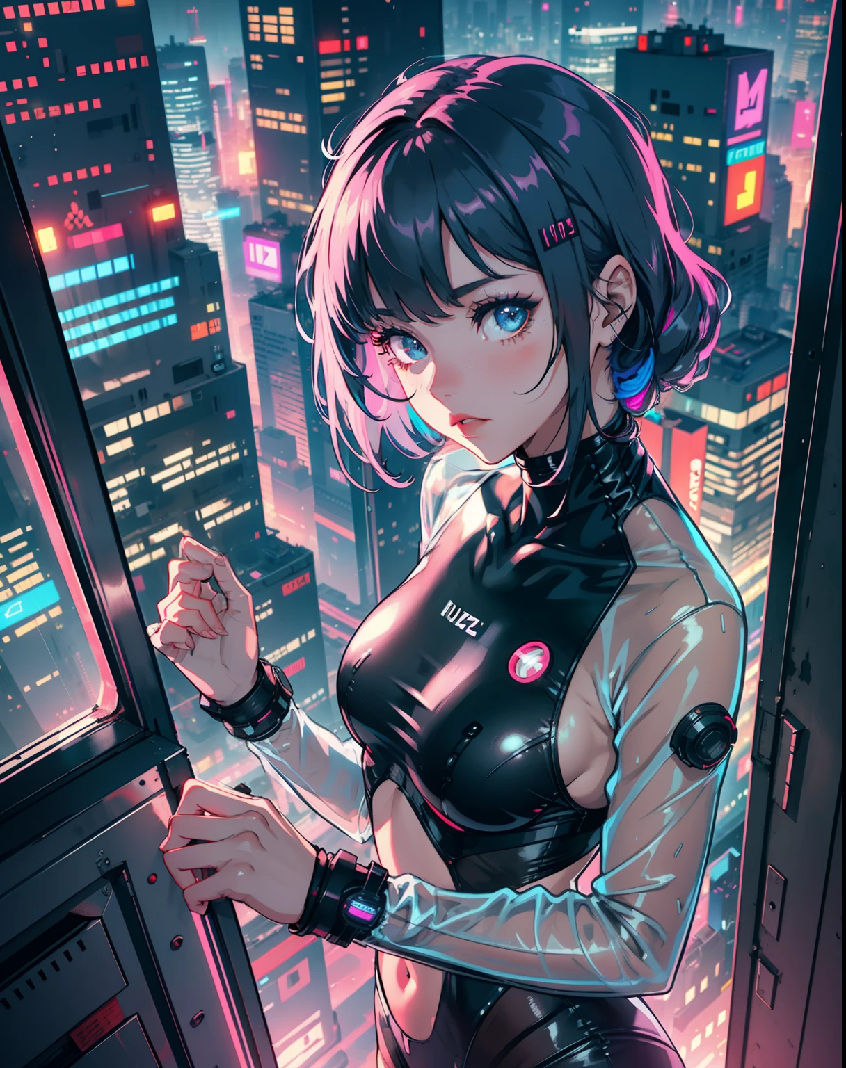 A woman in a futuristic outfit standing in front of a window - SeaArt AI