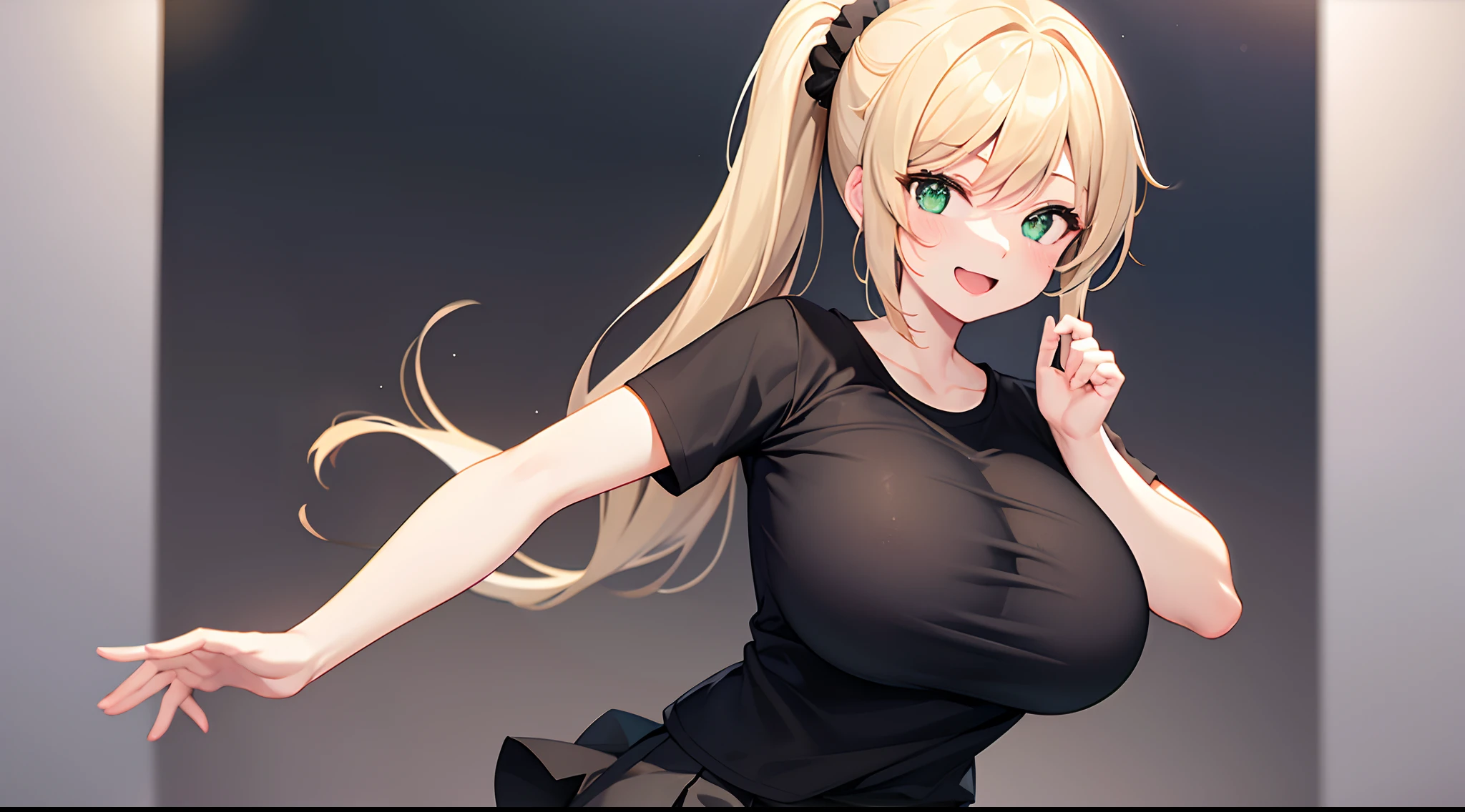 1 girl, game CG, plain black T-shirt, white short skirt, hair scrunchie, gigantic breasts, blonde, middle hair, side ponytail, green eyes, smile, open mouth, simple background,