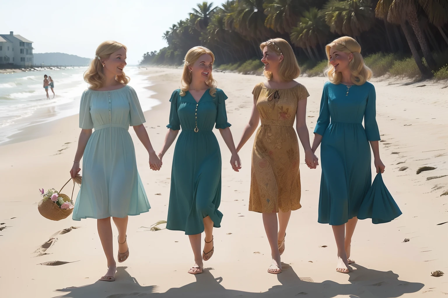 Year: 1960. Location: Edisto beach. pre-raphaelite scene with ((four)) blonde women walking together in the beach, ((elbows intertwined )) ((laughing)), ((1960s dress)) ((1960s hairstyle)) ((in the style of "Only Murders In The Building")) ((cinematic style))