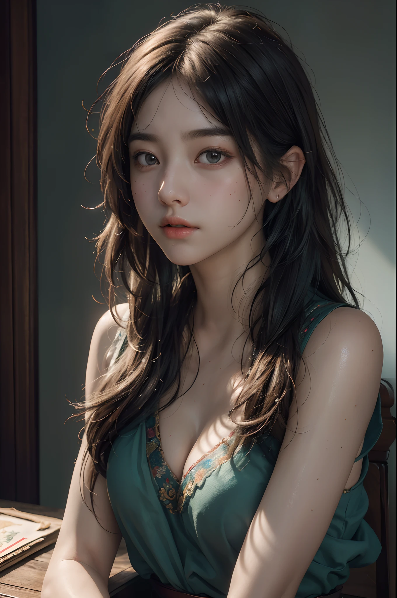 (RAW photo, best quality), (realistic, photo-realistic:1.3),best quality,highly detailed,masterpiece,ultra-detailed,illustration,1girl,upper_body,dynamic angle,world masterpiece theater,messy_long_hair,best quality,extremely detailed CG unity 8k wallpaper,ink,Amazing,cinematic lighting,lens_flare, dunhuang_style