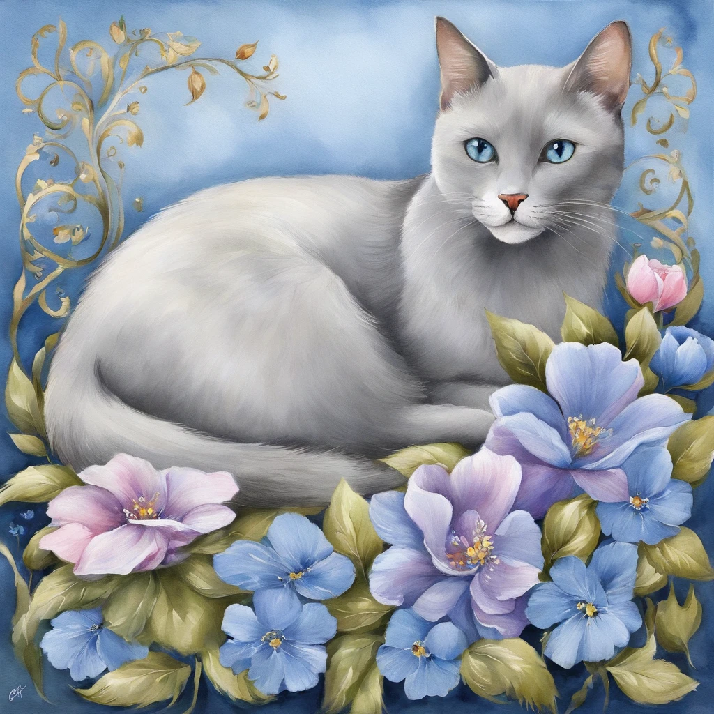 「It is a design with the theme of Russian blue cat and blue flowers。The characteristic blue fur of the Russian Blue cat is depicted in detail、Blue flowers spread elegantly around。Pale background and delicate light and dark、Bringing tranquility and beauty to the design。It is a work that expresses the charm of the Russian blue cat and the elegance of blue flowers.。
