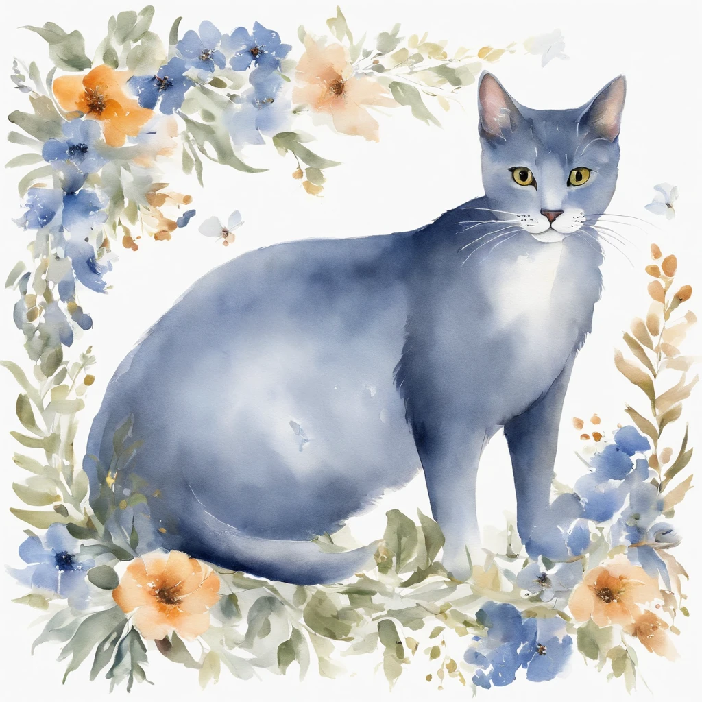 「It is a design with the theme of Russian blue cat and blue flowers。The characteristic blue fur of the Russian Blue cat is depicted in detail、Blue flowers spread elegantly around。Pale background and delicate light and dark、Bringing tranquility and beauty to the design。It is a work that expresses the charm of the Russian blue cat and the elegance of blue flowers.。