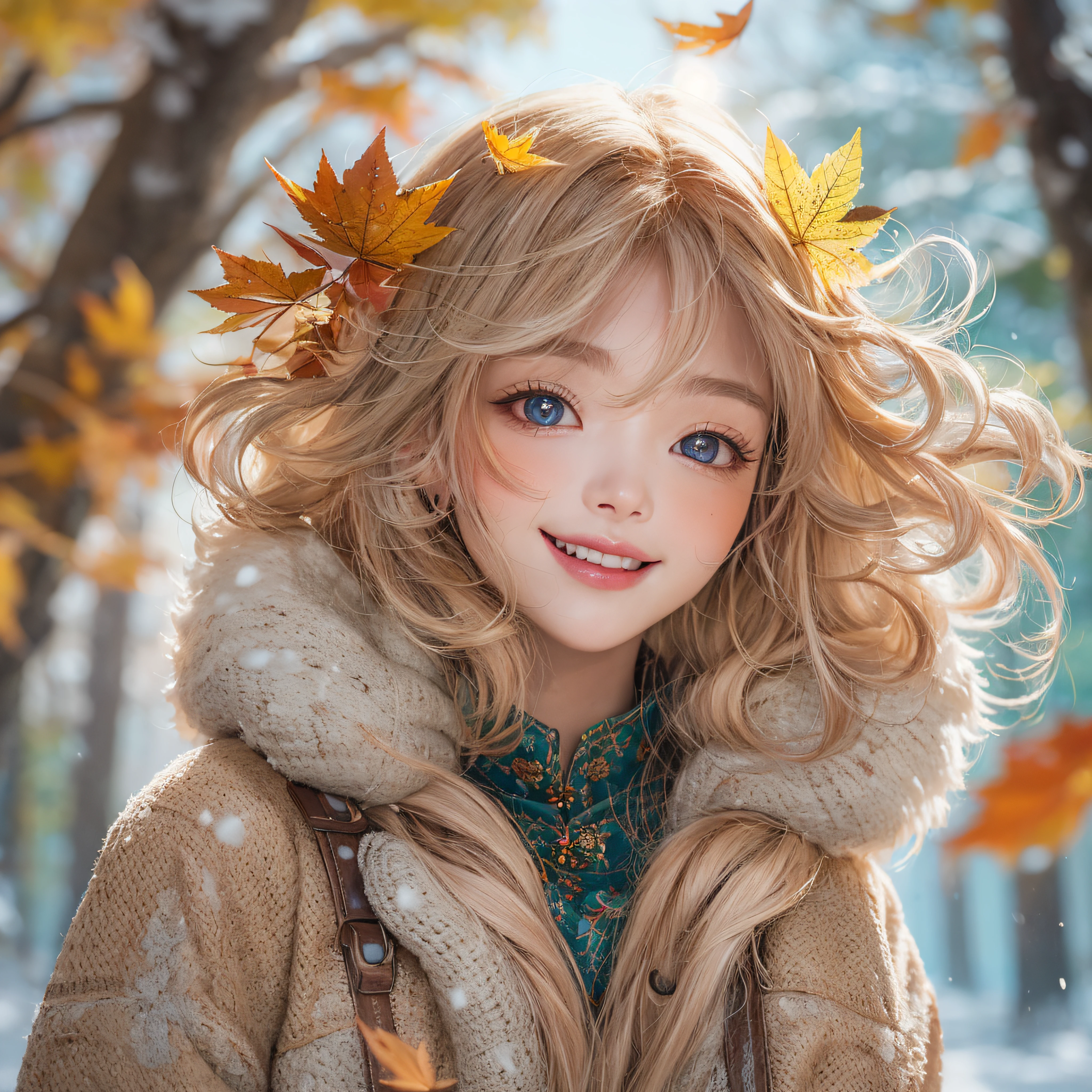 Autumn landscape、Close-up of laughing face、Facing the front、Designer、super model、Pink tattoo makeup、Glossy lips、Shining eyes、(realisitic、hight resolution)、(1 girl in)、Do-Up Eye、Korean Girl、(Best Quality), (masutepiece), (1girl in), Solo, a beauty girl, Perfect face, Highly detailed airbrush art((Surreal))、Volumetric lighting、(top-quality)、The ultra-detailliert、Highly detailed colorful details、(Bright lighting)、Her eyes are glowing pink、Her face is full of anticipation and courage for adventure.、A smile comes to her lips、An air full of smiles and adventurous spirit、Powder snow is falling on the snowy mountains behind。Its light brings the light of dead leaves、Producing a landscape of dancing dead leaves..。Her courage and determination are condensed.、Eye-catching presence。Her eyes are shining。Autumn landscape、Dead leaves are fluttering。leaves falling
