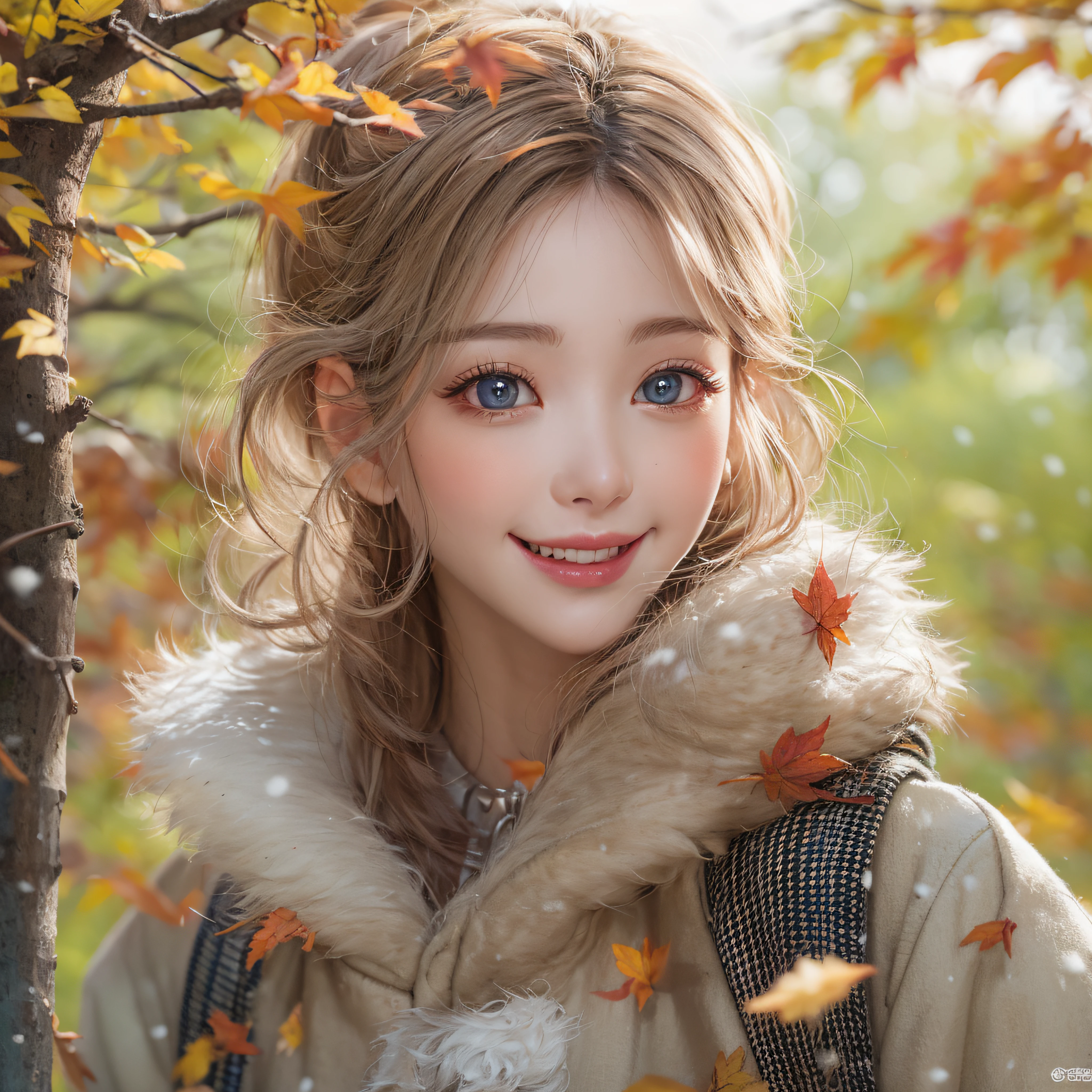 Autumn landscape、Close-up of laughing face、Facing the front、Designer、super model、Pink tattoo makeup、Glossy lips、Shining eyes、(realisitic、hight resolution)、(1 girl in)、Do-Up Eye、Korean Girl、(Best Quality), (masutepiece), (1girl in), Solo, a beauty girl, Perfect face, Highly detailed airbrush art((Surreal))、Volumetric lighting、(top-quality)、The ultra-detailliert、Highly detailed colorful details、(Bright lighting)、Her eyes are glowing pink、Her face is full of anticipation and courage for adventure.、A smile comes to her lips、An air full of smiles and adventurous spirit、Powder snow is falling on the snowy mountains behind。Its light brings the light of dead leaves、Producing a landscape of dancing dead leaves..。Her courage and determination are condensed.、Eye-catching presence。Her eyes are shining。Autumn landscape、Dead leaves are fluttering。leaves falling