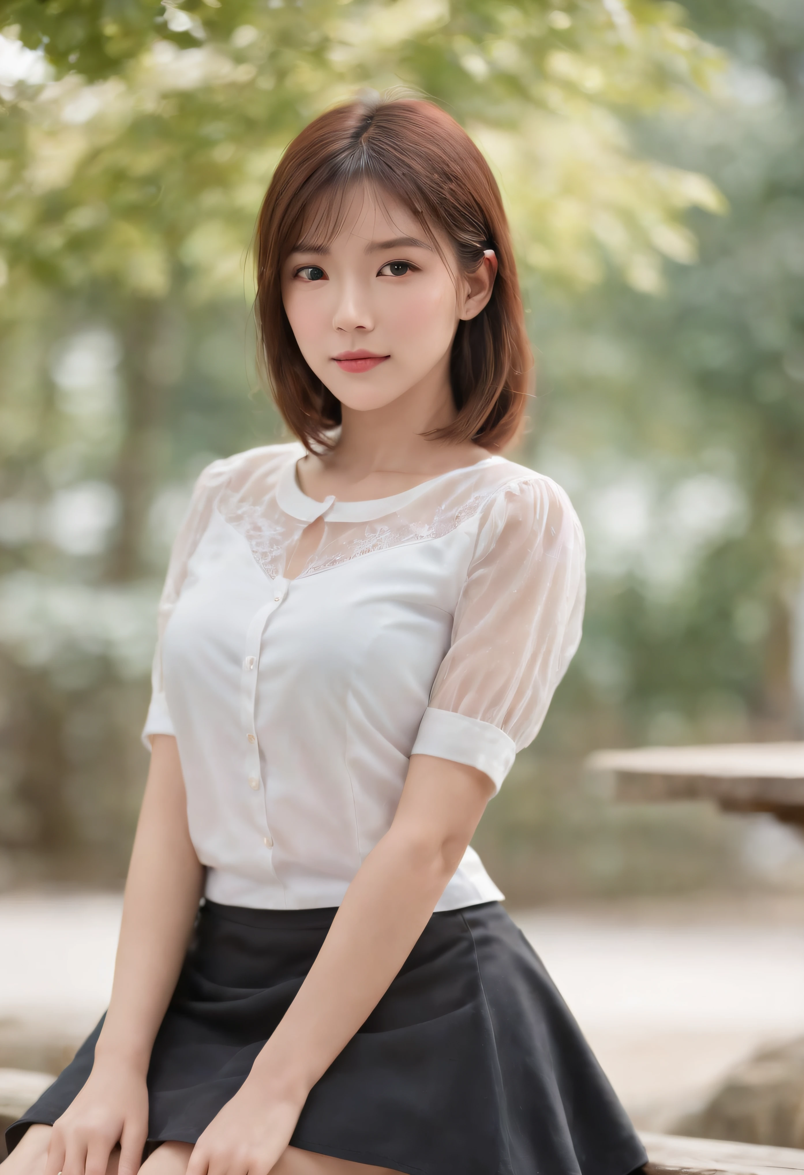 18 years old, Japan Female, Long hair, Raw photo, Bokeh (Realism: 1.4, Realistic), high-definition CG unified 8K wallpapers, 1girl in, ((Slim body: 1)), (Small breasts: 1), Back to viewers, ((Direct view from the front)), (HQ Skin: 1.4), 8K UHD, Digital SLR, Soft light, High quality, Film grain, FujifilmXT3, ((School uniform, Short skirt,See-through open skirt:1.5)), ((plein air, on the park))) Sitting on a bench、Let your skirt flutter in the wind with your hands., Angel smile、Portrait,((Layered short haircuts, Black Hire,tiny chest:1.2)),(Looking at Viewer:1.4),(Full body:1.8)