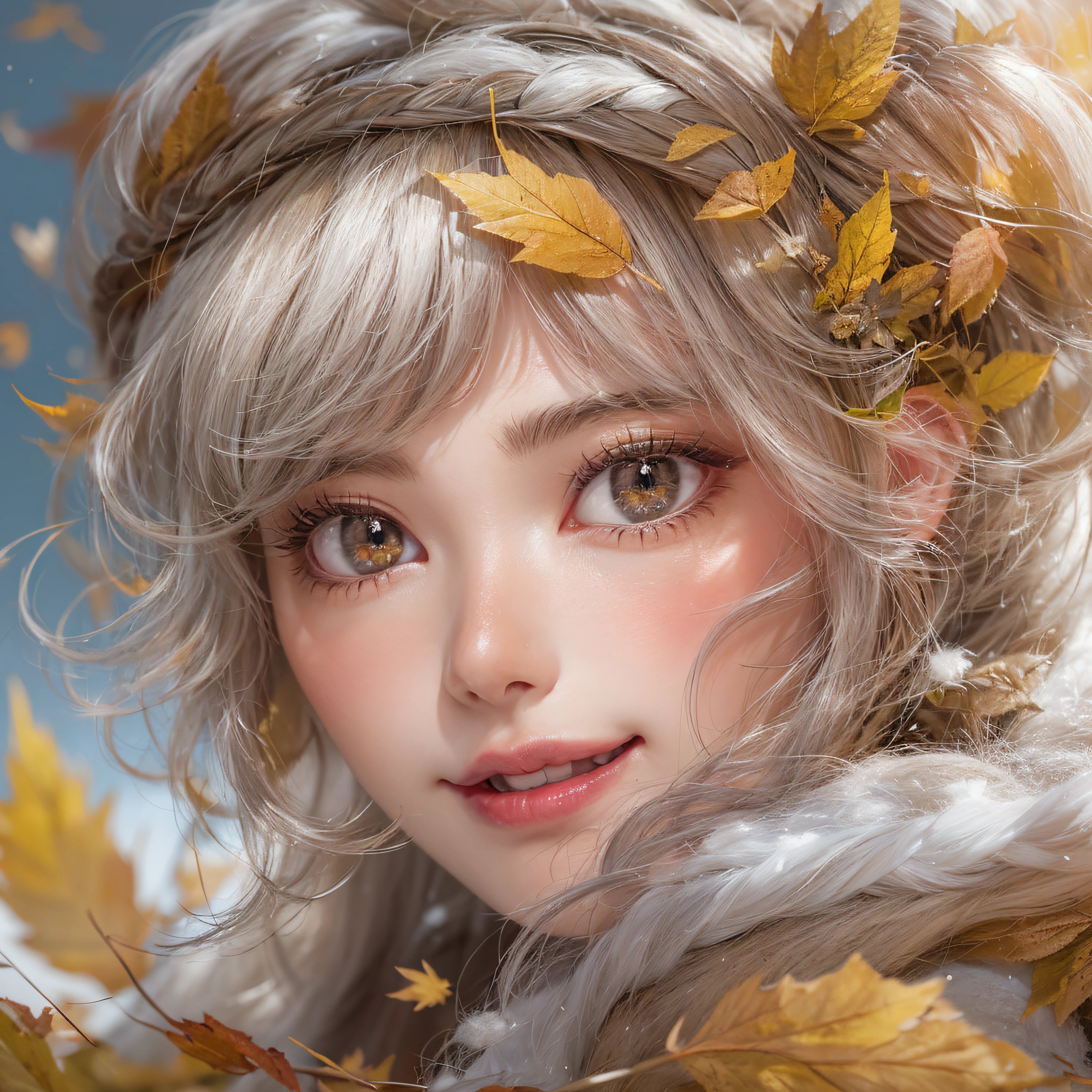 Autumn landscape、Close-up of laughing face、Facing the front、Designer、super model、Pink tattoo makeup、Glossy lips、Shining eyes、(realisitic、hight resolution)、(1 girl in)、Do-Up Eye、Korean Girl、(Best Quality), (masutepiece), (1girl in), Solo, a beauty girl, Perfect face, Highly detailed airbrush art((Surreal))、Volumetric lighting、(top-quality)、The ultra-detailliert、Highly detailed colorful details、(Bright lighting)、Her eyes are glowing pink、Her face is full of anticipation and courage for adventure.、A smile comes to her lips、An air full of smiles and adventurous spirit、Powder snow is falling on the snowy mountains behind。Its light brings the light of dead leaves、Producing a landscape of dancing dead leaves..。Her courage and determination are condensed.、Eye-catching presence。Her eyes are shining。Autumn landscape、Dead leaves are fluttering。leaves falling
