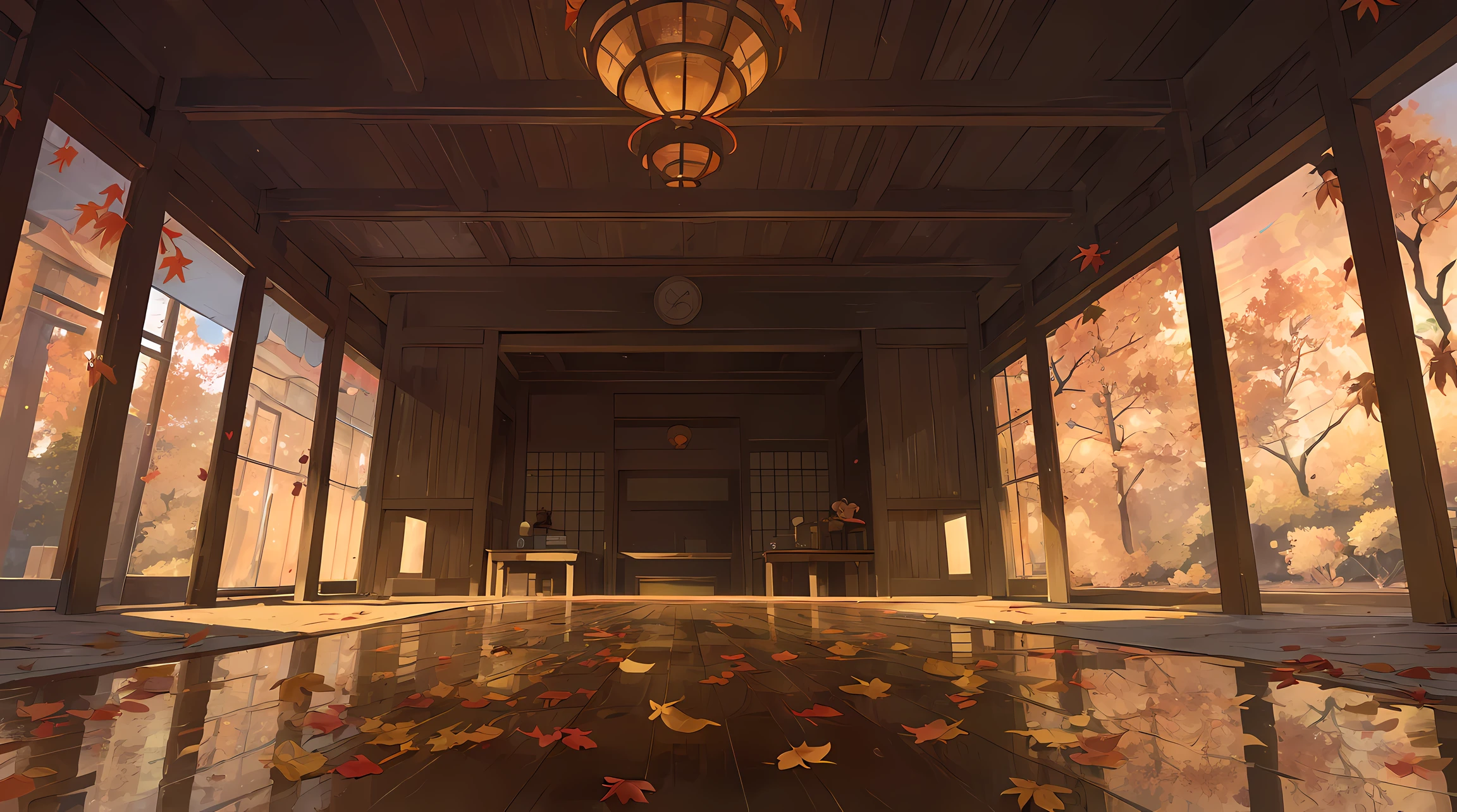(((sunset:1.5, sunset light:1.3, moody light:1.3, cinematic light:1.3)))), An illustration of the scenery of the autumn leaves are depicted in a double layer due to the mirror reflection of Korin-in, Daitoku-ji Temple. at night, ultra-detailed, hyper-sharp, digital illustration, Place: Daitokuji Korin-in room Time: Autumn Subject: A specular reflection of autumn foliage The illustration depicts the specular reflection of autumn leaves on a table in the interior of Daitokuji Korin-in Temple. The table is in a room with a calm atmosphere like a tea room. The scenery of autumn leaves is clearly projected on the table. The scenery of autumn leaves is thought to have been seen from famous spots for autumn leaves such as the Sanmon Gate and Hojo in the precincts of Daitokuji Temple. The autumn leaves are dyed in various colors such as red, yellow, and orange, creating an atmosphere of autumn. (((In the illustration, the autumn leaves are depicted in a double layer due to the mirror reflection: 1.5))), which further emphasizes the beauty of the autumn leaves. In addition, the mirror reflection connects the interior and the landscape of the precincts, giving a sense of the depth of the space. Fittings such as shoji and fusuma in the room light from window Vividly expressing the colors of autumn leaves Emphasizing the beauty of autumn leaves by mirror reflection Expressing a space where the interior and the scenery of the precincts are connected