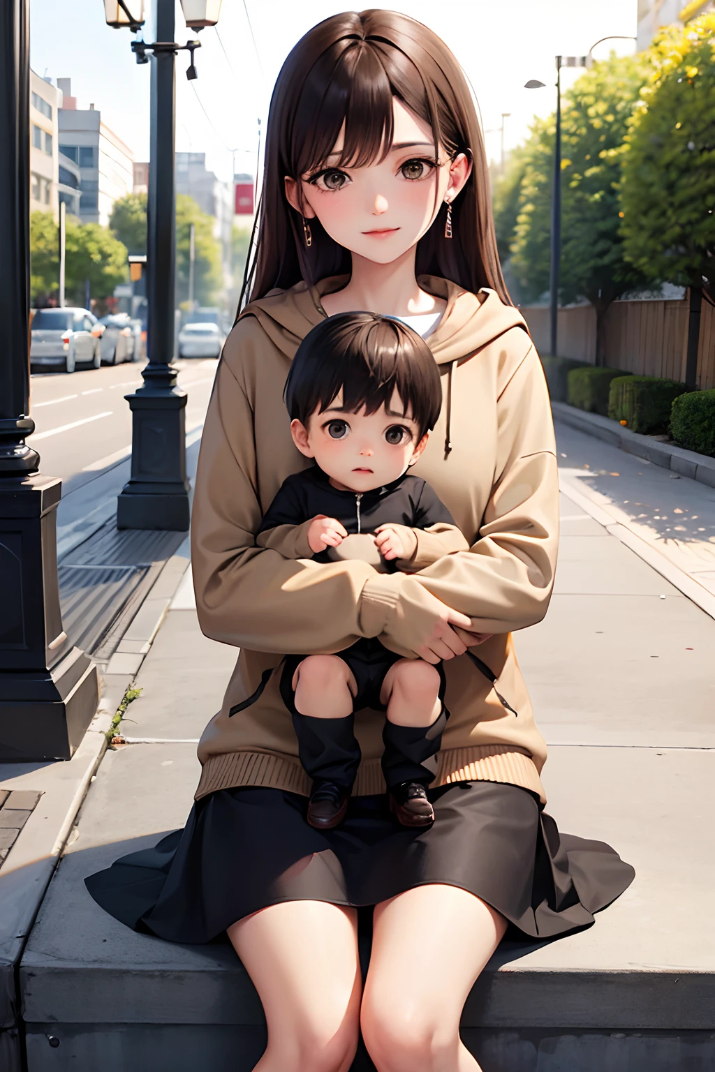 mom dressed in a light brown skirt and a black hoodie. holding her son on her, streets, sitting on lap, shorts