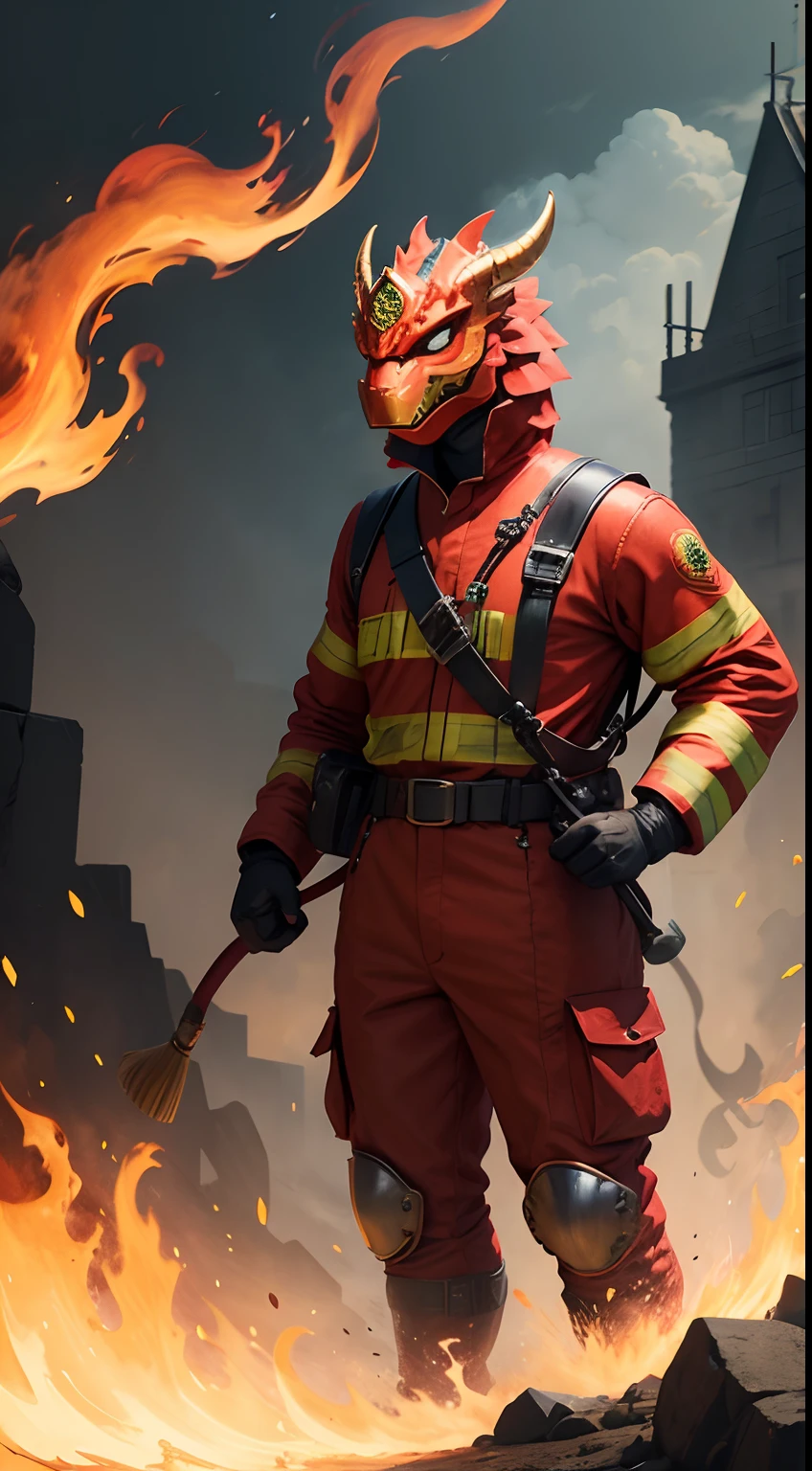 buffalo mask fire fighter, full body, vintage colors, fire fighting background, dangerous situation, masterpiece, ultra high quality