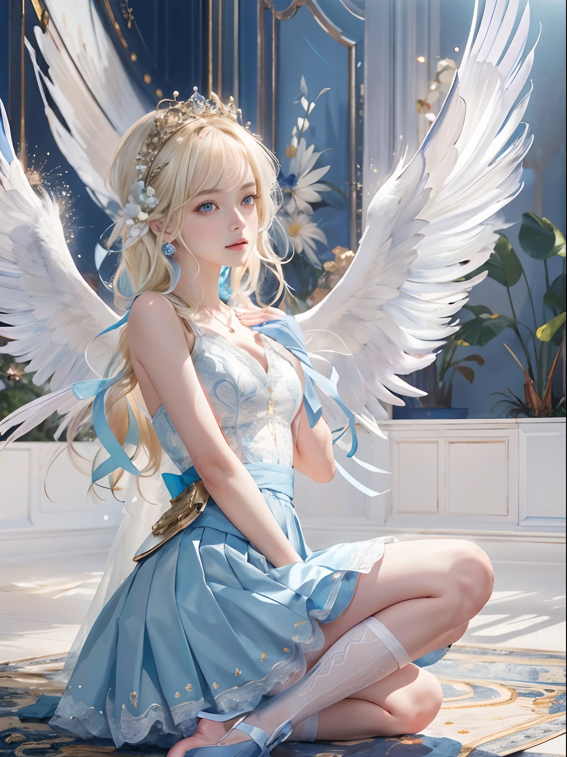 (Masterpiece:1.2, Best quality:1.2), full bodyesbian, Aria has waist-length blonde hair,Often beaten into loose waves, Her sparkling blue eyes reflect her optimism. Her skin was fair and rosy,an cheeks, She is slender,musculous,Reflects her active lifestyle. She wears a white sleeveless shirt,Blue ribbon and white pleated skirt,Fall above the knee. Arya's pure white wings were always visible on her back, Symbolizes her status as an angel, Ray tracing, Global illumination, An extremely delicate and beautiful, Best shadows, Shallow depth of field, Brilliant Colorful paintings, dramatic shadow, Dramatic lighting, Sharp focus, (8K), (4K), Extremely detailed, Intricate, ultra - detailed,White stockings