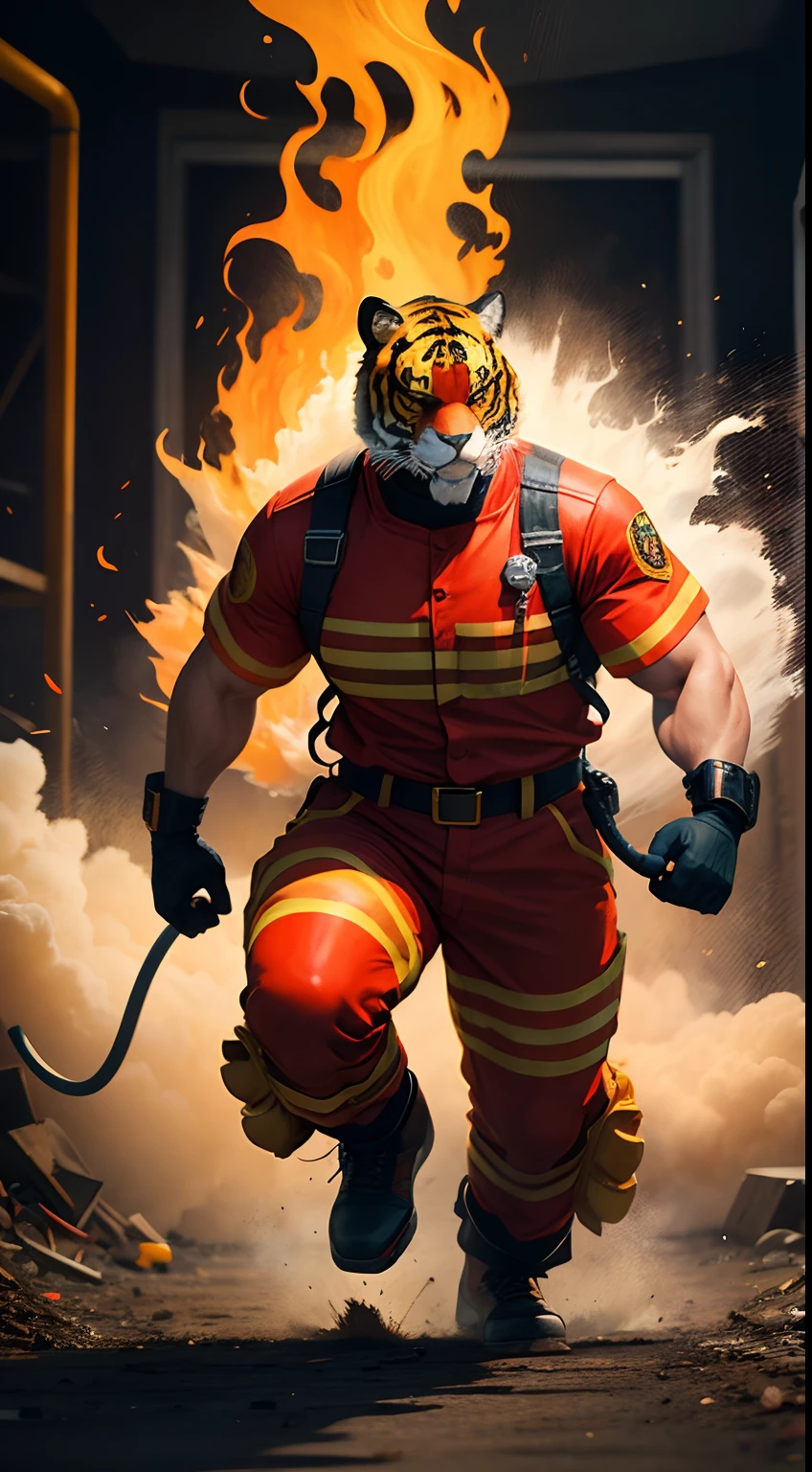 tiger mask fire fighter, full body, vintage colors, fire fighting background, dangerous situation, masterpiece, ultra high quality