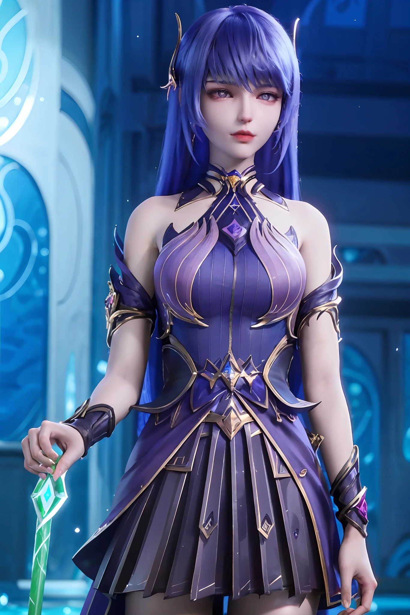 a woman in a purple dress is standing in the water, keqing from genshin impact, zhongli from genshin impact, portrait knights of zodiac girl, ayaka genshin impact, ayaka game genshin impact, extremely detailed artgerm, anime goddess, as seen on artgerm, from league of legends, seraphine ahri kda