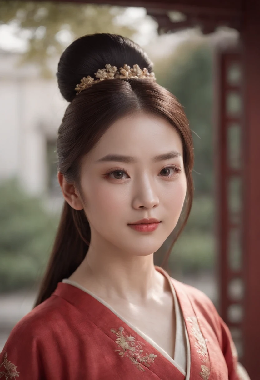 (Realistic:1.3), finely detailed, High quality, Rembrandt lighting, (Masterpiece:1.2), (Photorealistic:1.2), (Best quality), (Detailed skin:1.3), (Intricate details), Dramatic, Ray tracing, 1womanl, Chinese middle-aged woman, 35 years old, (Full body like),Put your hands behind your back,Look into the camera,frontage,A sad expression,Detailed skin texture, (Blush:0.5), (goosebumps:0.5), Subsurface scattering, Smiling, Medium breasts, long whitr hair, hair-bun,bangs, Hairpins, hair flower, Hanfu, (um dia ensolarado, exteriors,Classical Chinese architecture),