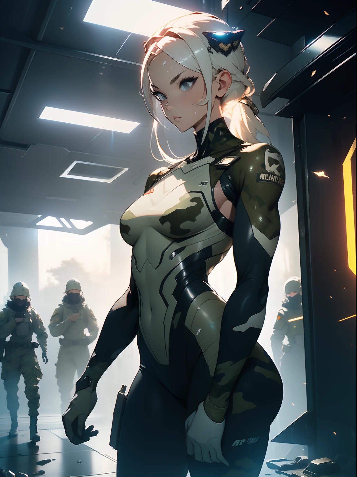 (((Military camouflaged pattern))), ((Best quality)), ((masterpiece)), (detailed: 1.4), (Absurd), paper, colorful line art, perfect face, girl, technological mask with oozy painting of a white skull, graffitti , shiny tanned skin, sweaty, muscular sculptural body defined, (((whole body))), half thick naked thighs, closed mouth, muscular body camouflaged fabric mechanics overalls and silver open to the navel, generous neckline, ((perfect small breasts)), ((fully camouflaged khaki clothing)), (((ivory hair with moth))), long eyelashes and black heavy makeup, (((niji style --V5)))), close to real, psychopathic, crazy face, sexy pose, technological background giant robot repair station, jaggers, 2 pieces clothing, centralized, scale to fit dimensions, HDR (High Dynamic Range),Ray Tracing,NVIDIA RTX, Super-Resolution,Unreal 5,Subsurface Dispersion, PBR Texture, Post-processing, Anisotropic Filtering, Depth of Field, Maximum Clarity and Sharpness, Multilayer Textures, Albedo and Specular Maps, Surface Shading, Accurate Simulation of Light-Material Interaction, Perfect Proportions, Octane Render, Two-Tone Lighting, Wide Aperture, Low ISO, White Balance, Rule of Thirds, 8K RAW, Crysisnanosuit