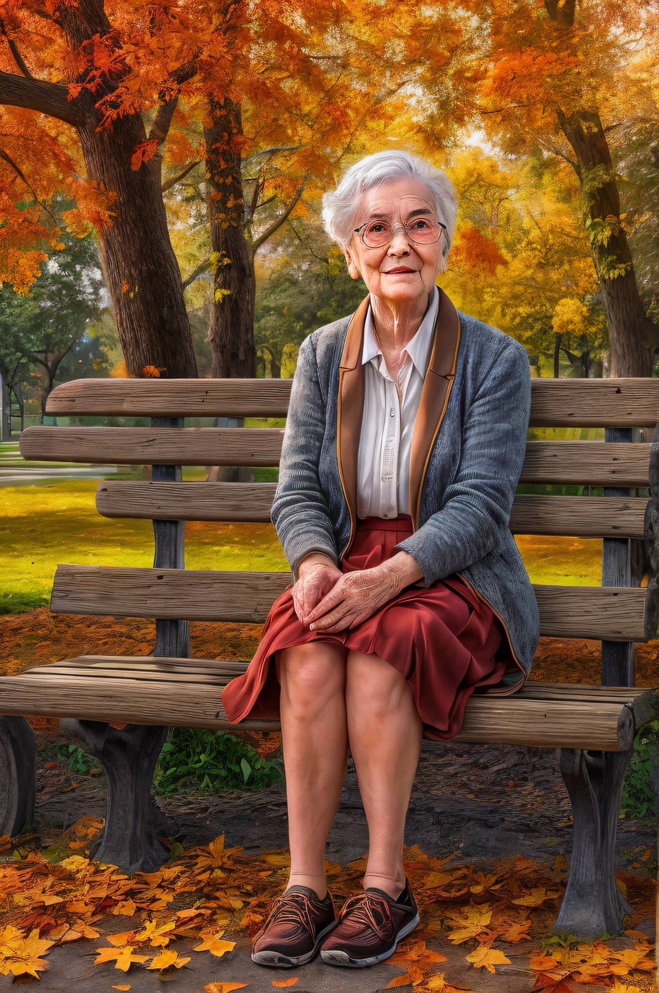 picture of an old woman sitting on a bench in the park under the maple tree in a park at autumn, an old woman, looking distinguished, grey hair, in bun, blue, eyes, eyes that had good life, historical life, wearing a green skirt, and white blouse, dynamic shoes, sitting on a bench, with her cane near by resting on the bench, under a maple tree at autumn, many leaves in red, orange and brow, full spectrum, vibrant colors, sun setting down, evening time, urban park background, best quality, 16k, [ultra detailed], masterpiece, best quality, (ultra detailed), full body, ultra wide shot, photorealistic
