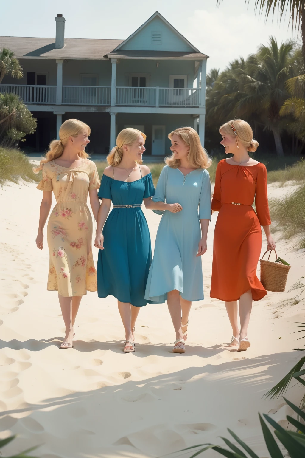 Year: 1960. Location: Edisto beach. pre-raphaelite scene with ((four)) blonde women walking together in the beach, ((elbows intertwined )) ((laughing)), ((1960s dress)) ((1960s hairstyle)) ((in the style of "Only Murders In The Building")) ((cinematic style))