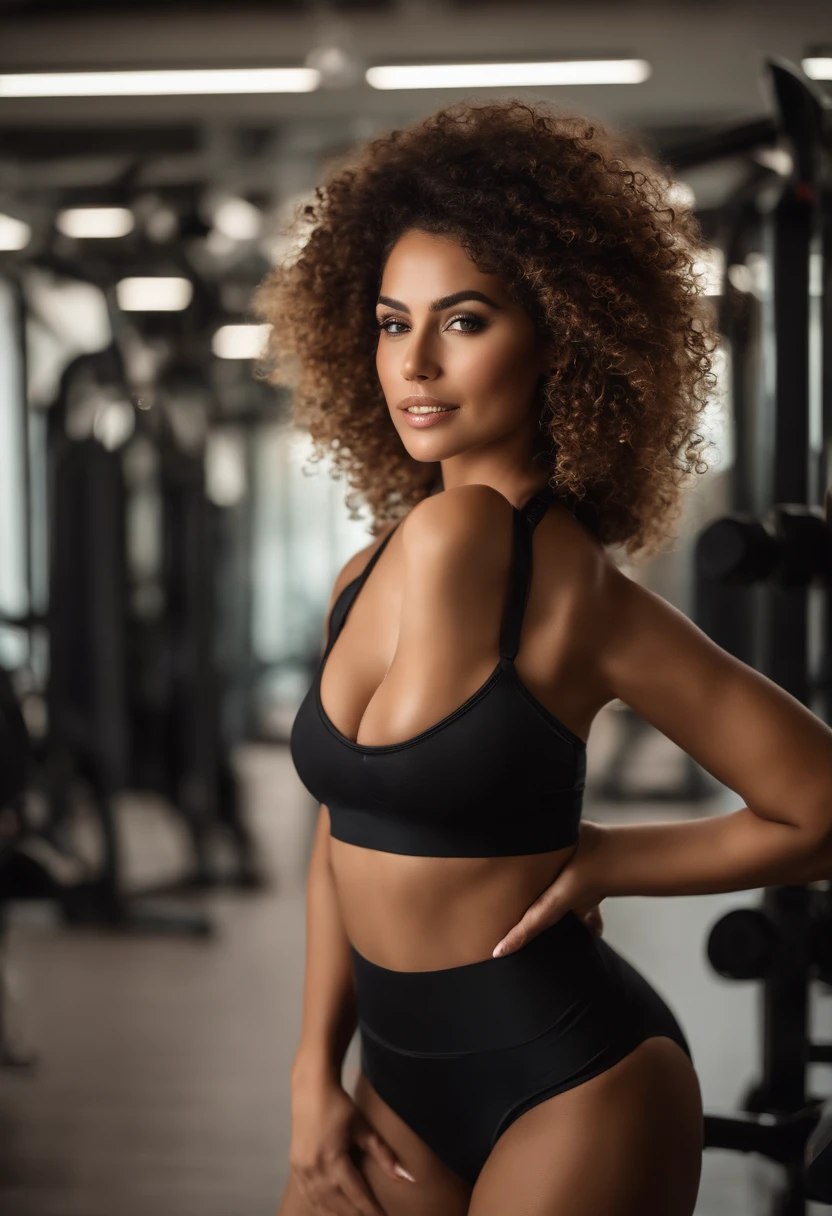Mulher adulta morena bronzeada mostrando o corpo inteiro na academia roupa marcando o corpo evidente, (seductive look and voluminous curly hair and happy expression in sensual pose, Location luxurious well-equipped gym, ambiente bem iluminado), corpo inteiro, Focus on lague pants brand 8K, pele perfeita e bronzeada, natural lightting, sombreamento baixo, rosto delicado, pele dourada( realista, Vibrando, sensual, foco, afiado) (sbikini) Melhor qualidade de obra-prima, fotorrealista, hiper-realista, circunstanciado, 8k, HDR, cyberpunk futurista, retratada por camera Canon EOS R6, Lente RF 600mm f/4 L IS USM, focada, detalhes, RAW, 8k