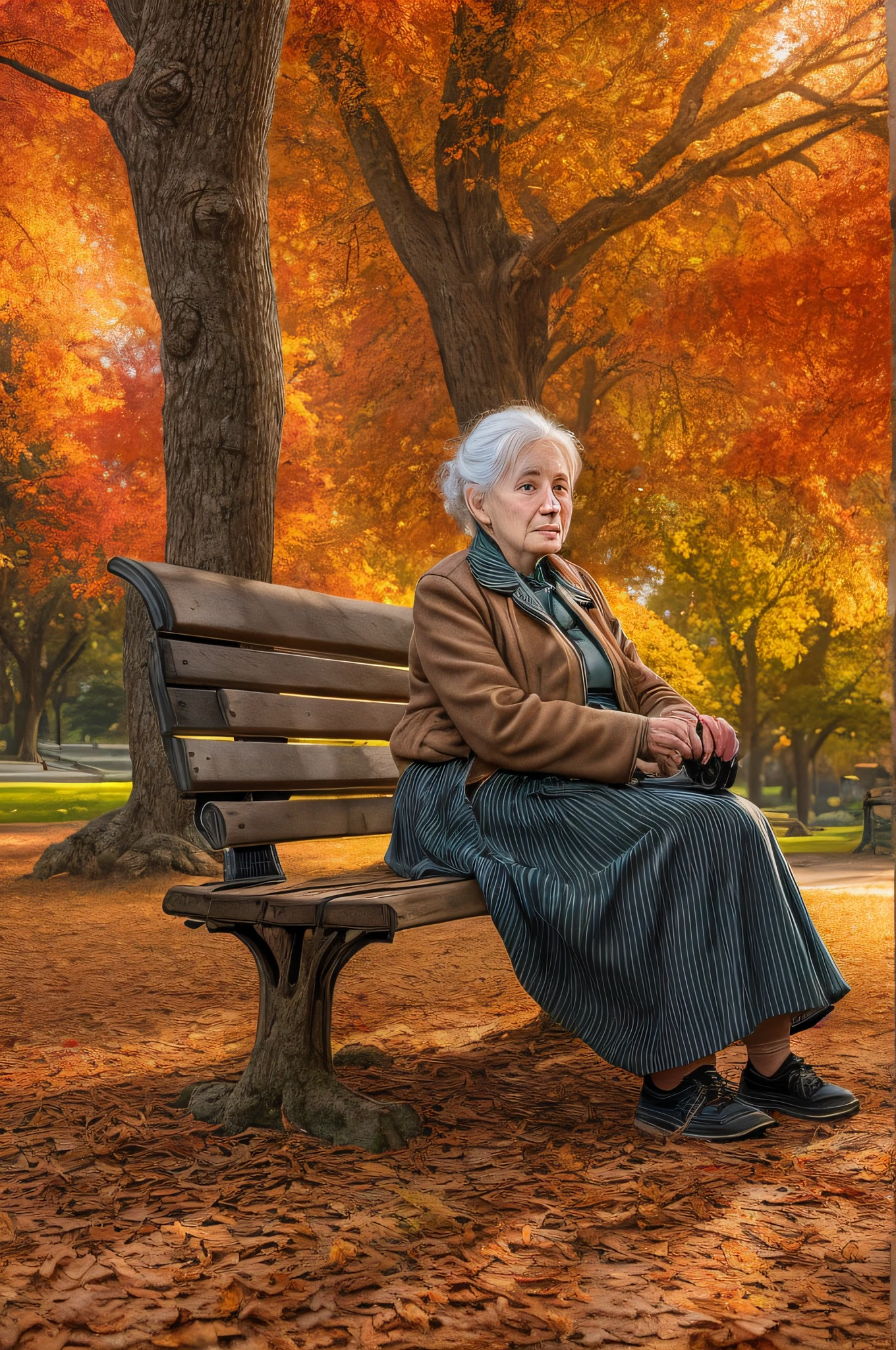 picture of an old woman sitting on a bench in the park under the maple tree in a park at autumn, an old woman, looking distinguished, grey hair, in bun, blue, eyes, eyes that had good life, historical life, wearing a green skirt, and white blouse, dynamic shoes, sitting on a bench, with her cane near by resting on the bench, under a maple tree at autumn, many leaves in red, orange and brow, full spectrum, vibrant colors, sun setting down, evening time, urban park background, best quality, 16k, [ultra detailed], masterpiece, best quality, (ultra detailed), full body, ultra wide shot, photorealistic