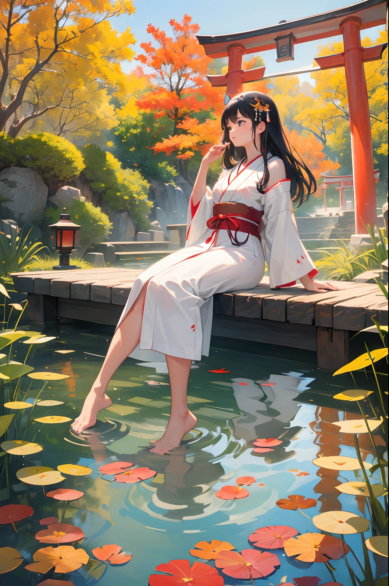 (8k, 16k, award winning, highest quality, high resolution, super detail, textured skin, anatomically correct, photorealistic, raw photo, masterpiece: 1.3), Japanese shrine maiden, white yukata, hakama, black hair, 1 Only one fallen leaf rests on your head, a pond, a full moon and autumn leaves reflecting on the water surface, a mirror-like pond, a full moon night, a lantern, details of a face, detailed fingers, a shrine, a torii gate, autumn, autumn leaves, changing colors, Dancing leaves, swaying hair, pretty face, dream-like scenery, beautiful scenery, inspiring, (sitting on the ground and looking at the pond alone: 1.3), profile