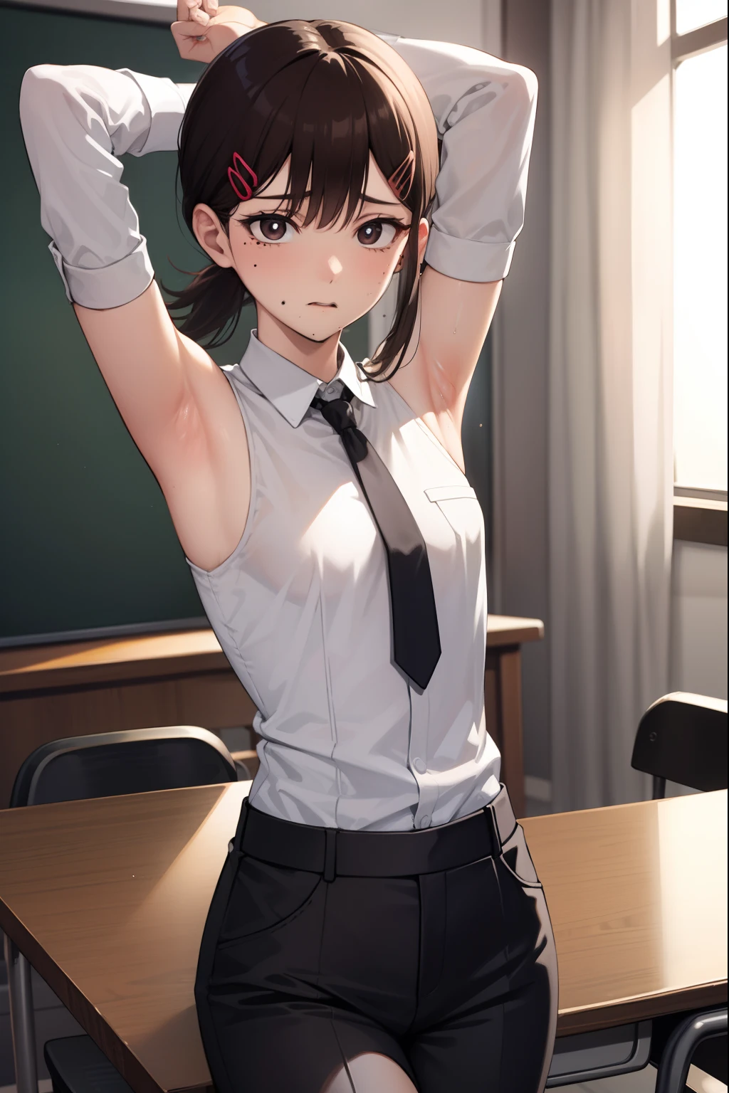kobenihigashiyama, kobeni higashiyama, black hair, hair ornament, hairclip, mole, mole under eye, ponytail, short hair, (brown eyes:1.5), (small breast:1.2),
BREAK black necktie, black pants, business suit, formal, long sleeves, necktie, pants, suit, 
BREAK looking at viewer,
BREAK indoors, classroom,
BREAK (masterpiece:1.2), best quality, high resolution, unity 8k wallpaper, (illustration:0.8), (beautiful detailed eyes:1.6), extremely detailed face, perfect lighting, extremely detailed CG, (perfect hands, perfect anatomy), ((sleeveless)), ((armpits))