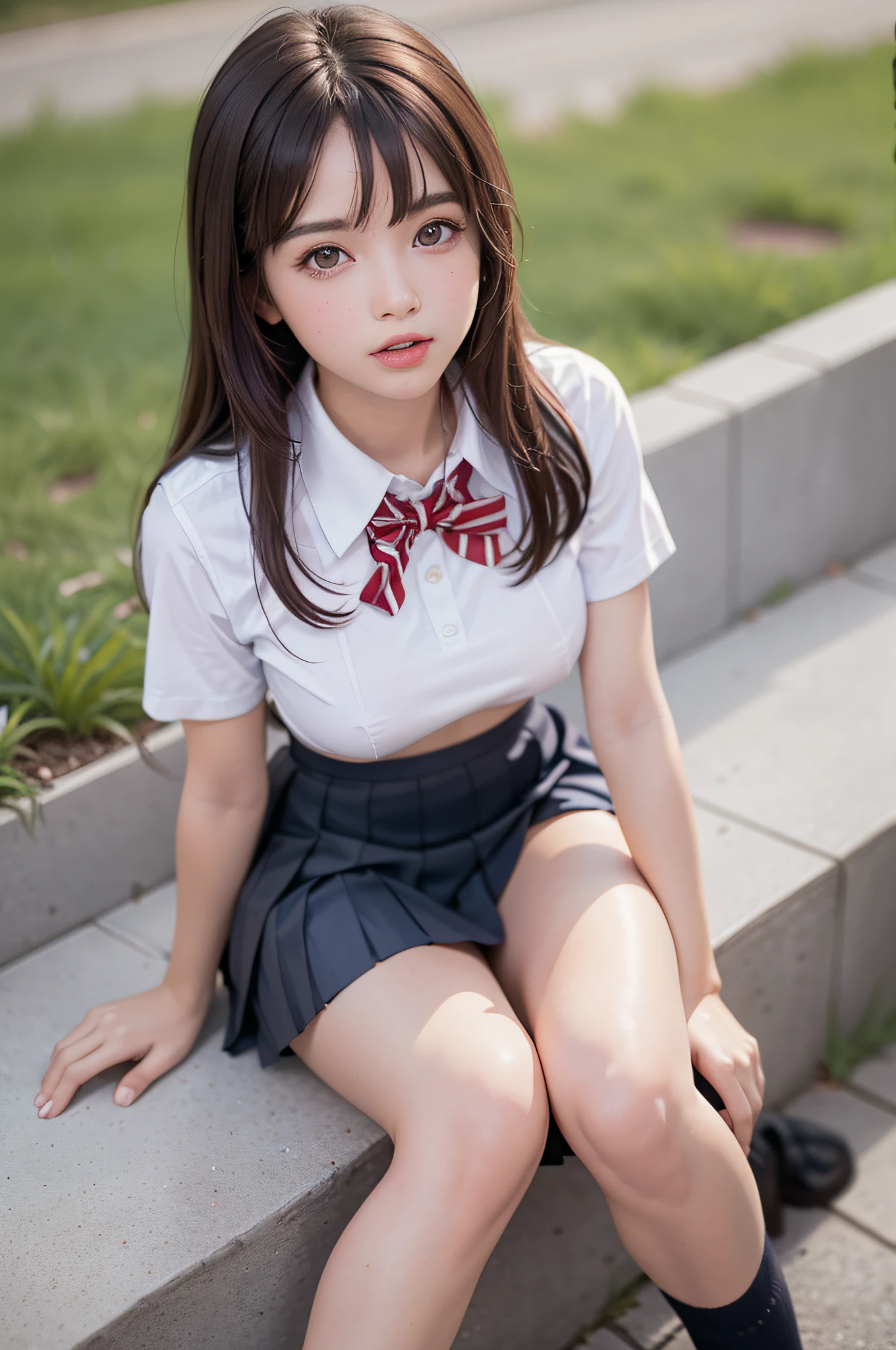 (1girl), Brown hair, Amazing face and eyes, Pink eyes, (High school uniform with wide open breasts:1.4), Beautiful big breasts, bared chest, (amazingly beautiful girl), Brown hair, (High School Uniform, Pleated mini-skirt:1.5), ((Best Quality)), (Ultra-detailed), (extremely detailed CG unified 8k wallpaper), Highly detailed, High-definition raw color photos, Professional Photography, sitting, ((legs wide open)), (((Bokeh))), depth of fields,