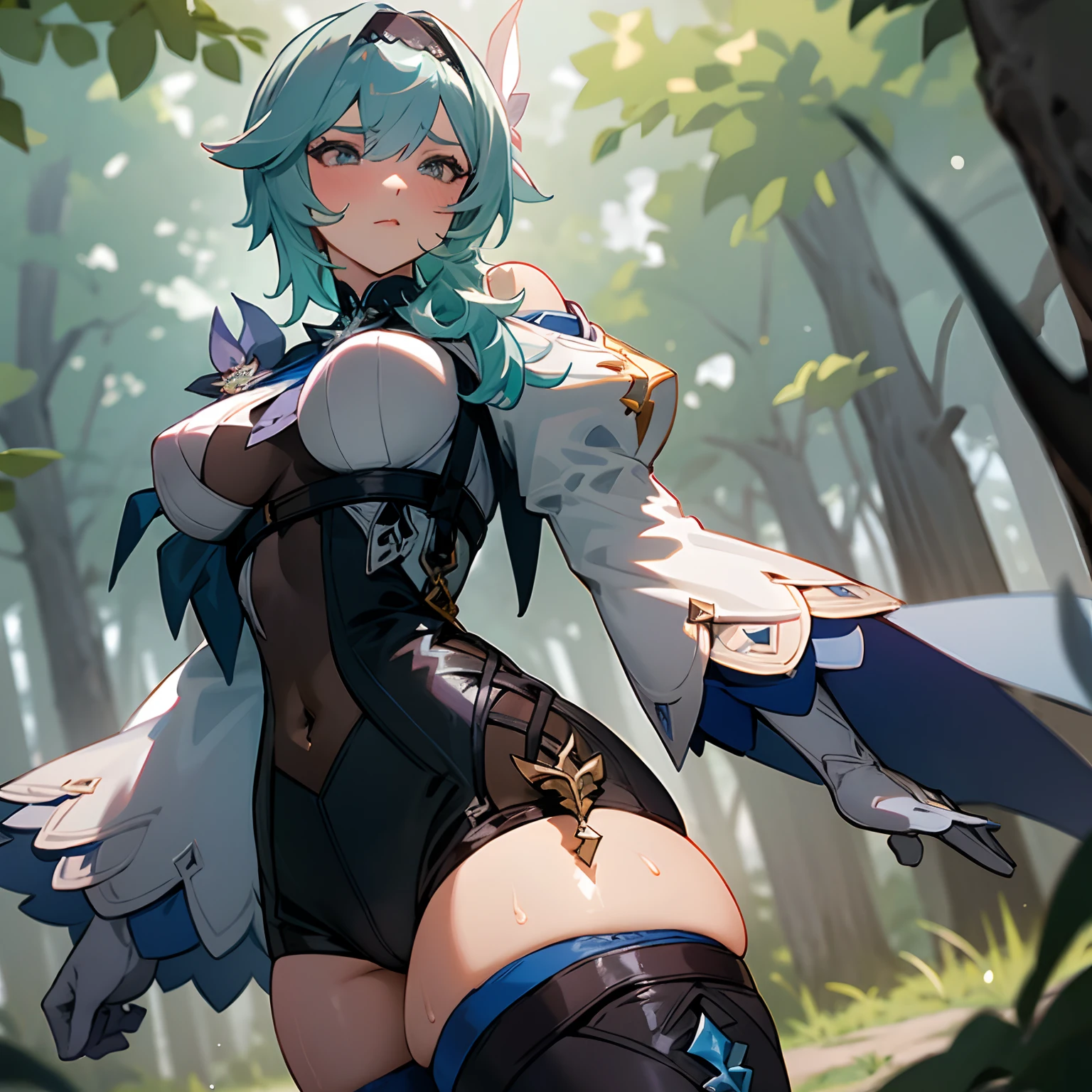 Eula, Eula Lawrence, giantess, anime giantess, bubble butt, thick thighs, cameltoe, bulging crotch, large breasts, genshin impact, outside, outdoors, confident, in nature, massive chest, cowboy shot, masterpiece, best quality, flawless skin, detailed eyes, sweat, in woods, larger than trees, low angle, garter belts on thighs, black lace headband