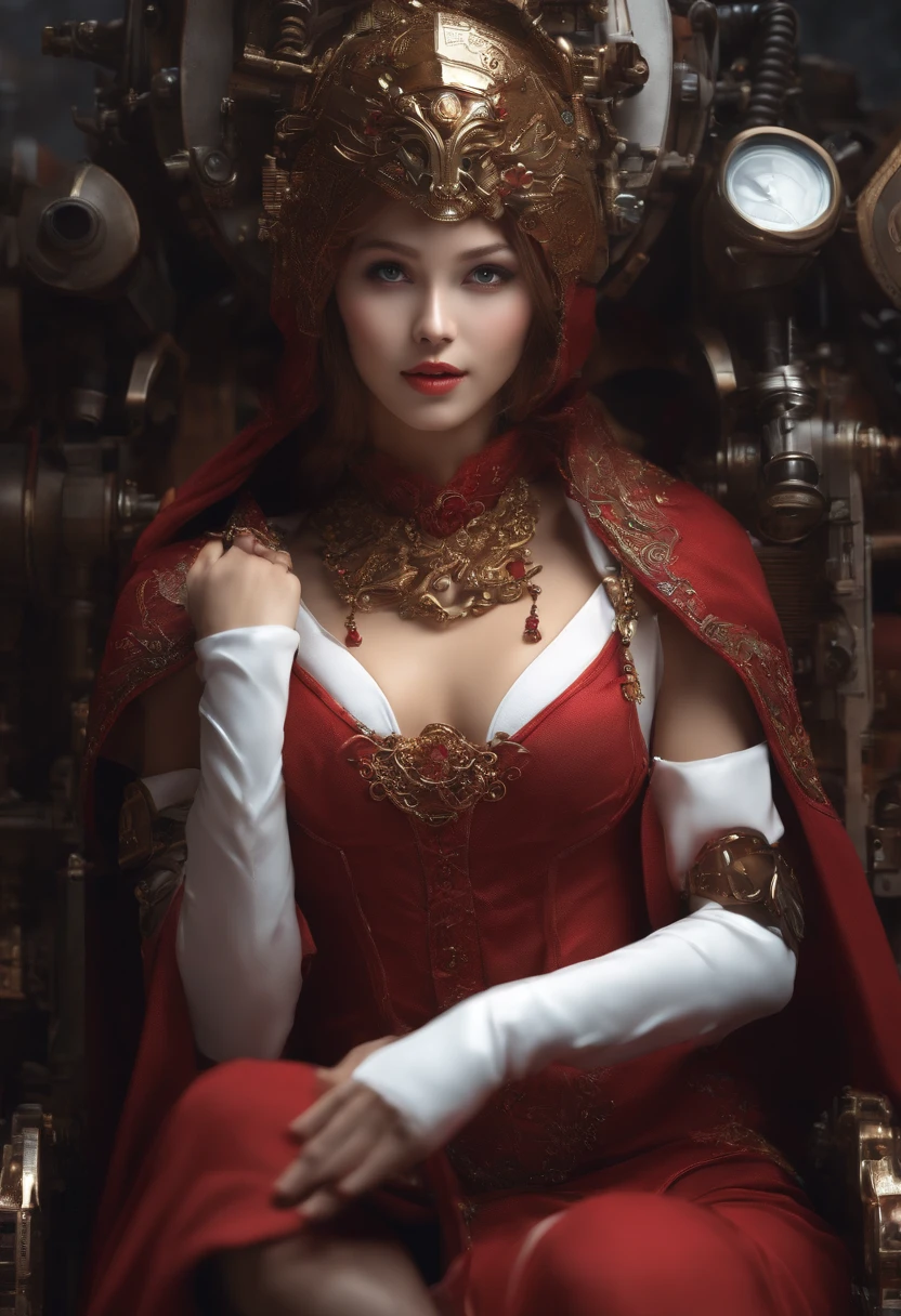 The picture is one (Cute) Adeputus Mechanic Girl. Her gaze was penetrating, Her face is hidden under a mask with a monitor and LEDs. Elegant mechanical limbs complete her elegant appearance, Her costumes emphasize her strength and uniqueness in the world of technology, Big head, Cute girl, Red cloak , Laughing, (((tchibi)), ful body, full legs,