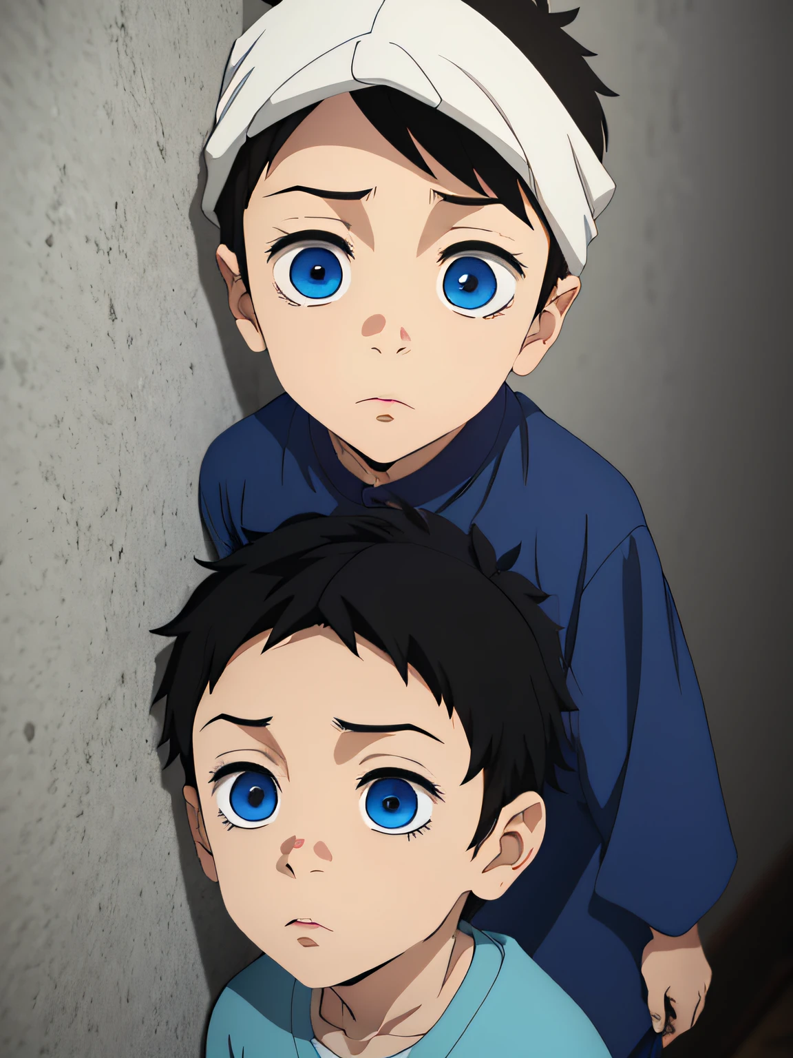 , anime, concentrated, with short dark hair, blue eyes, young age, character et, different poses, game props, with eyes looking to the side, head close up, with his ear near the wall