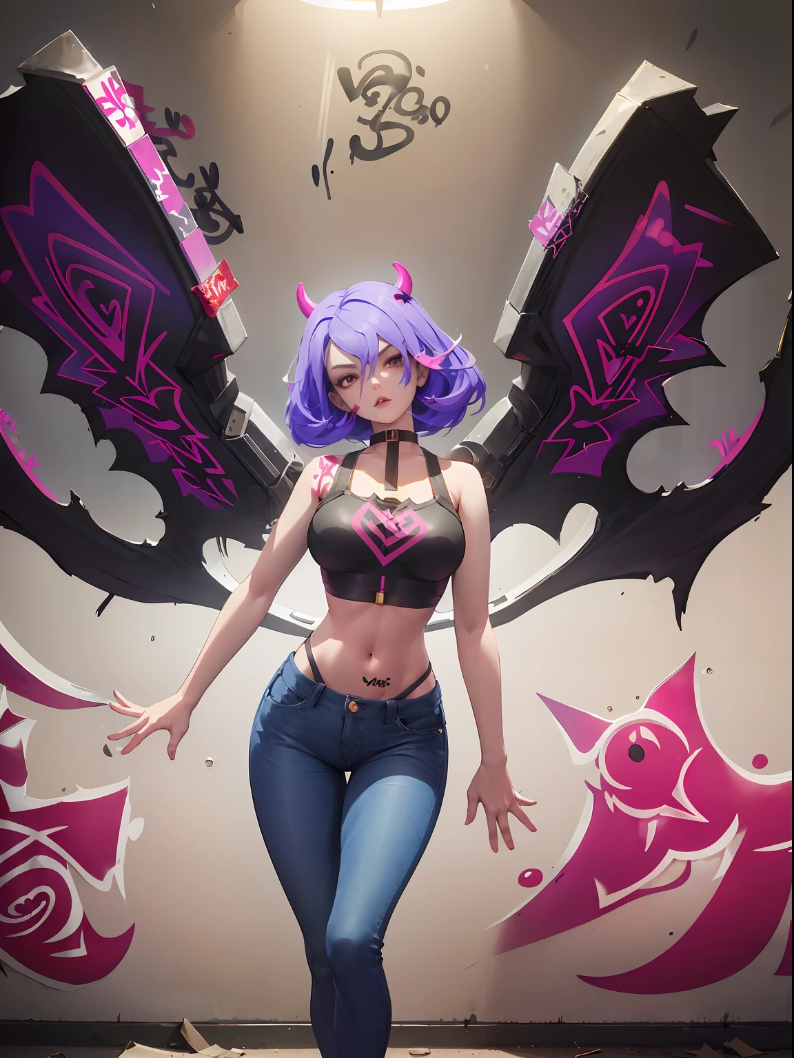 Veera|Arena of Valor, master-piece, bestquality, 1girls,25 years old, It has demonic wings on its back........, proportional body,proportional., crop top, Long Jeans, gigantic breasts, ,bara, crop top, choker, (Graffiti:1.5), Splash with purple lightning pattern., arm behind back, against wall, View viewers from the front., Thigh strap, Head tilt, bored,