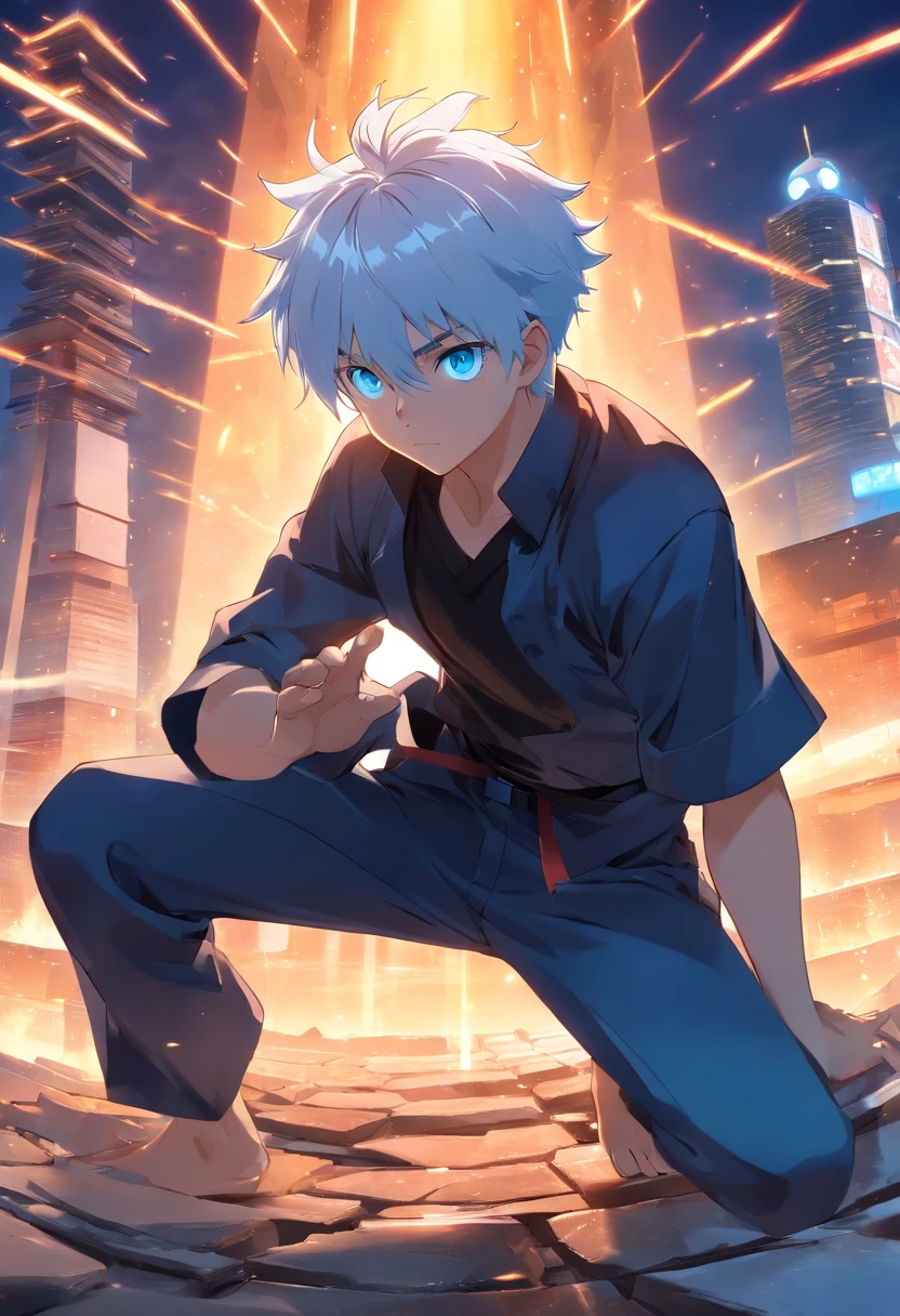 gojo satoru, jujutsu kaisen, anime, 1 young man, in the top of tower, amazing, focused, ray of light, blue eyes, white hair, black shirt, in the battlefield, powerfull magic aura, depth of field.