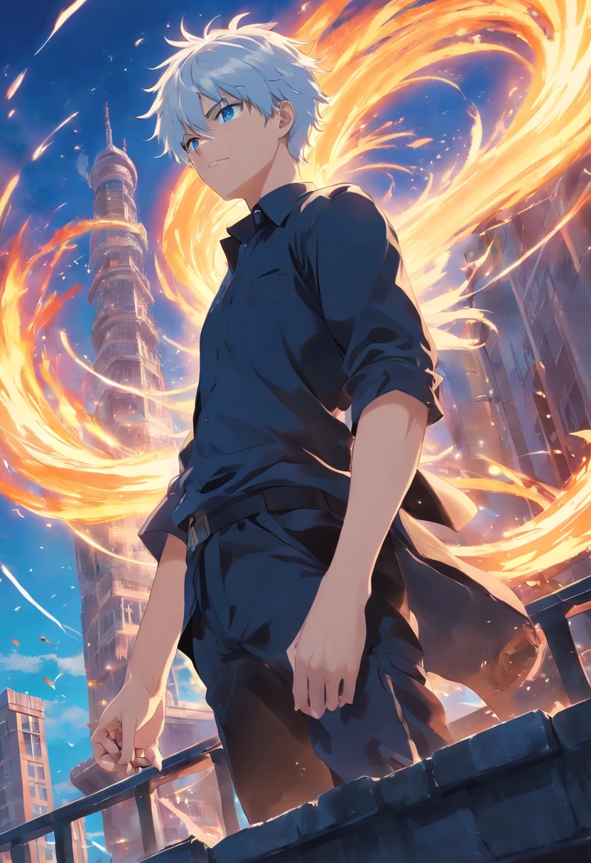 gojo satoru, jujutsu  kaisen, anime, 1 young man, in the top of tower, amazing, focused, ray of light, blue eyes, white hair, black shirt, in the battlefield, powerfull magic aura, depth of field.