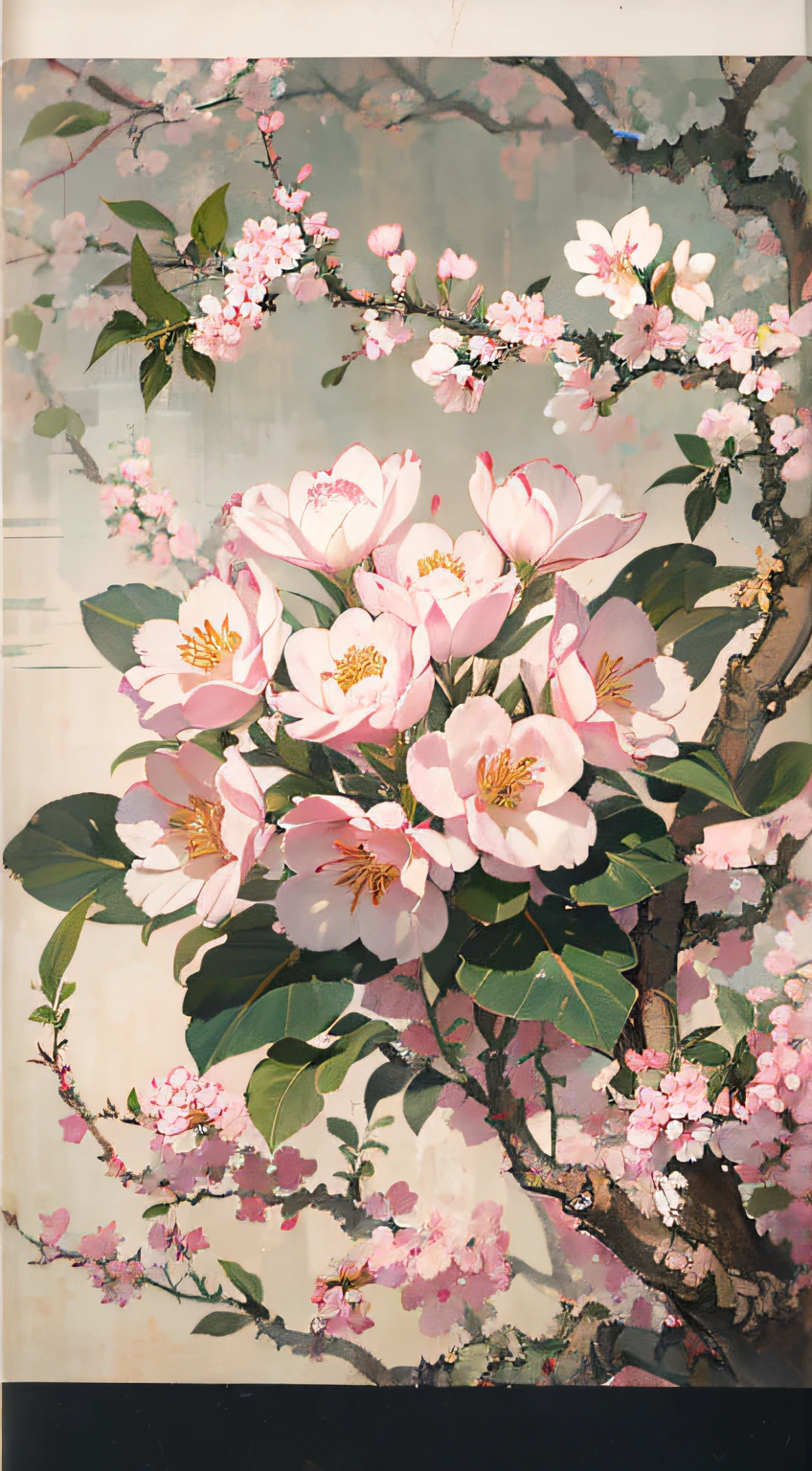 Close up of cherry branches with pink flowers, author：Xiu Wen Tianzheng, author：Toichi Kato, author：Seto Toyo, author：Chai Mansion, author：Masamitsu Ota, author：Gu Wenxiang, author：Hasegawa Tohaku