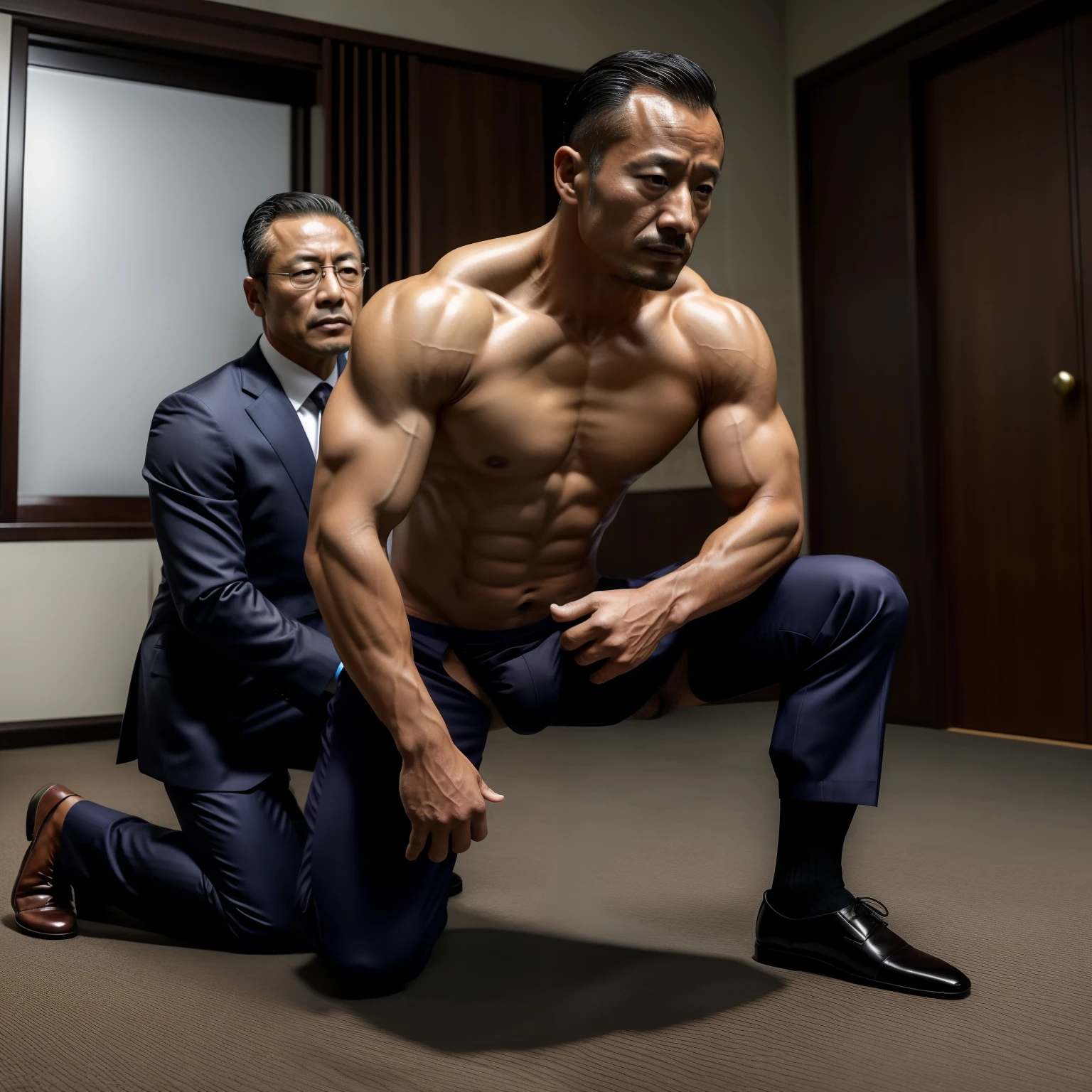 5,Hidetoshi Nakata,(Kogoro Mouri 1.3),uncles,Nakedr body,Tong,Bulge,fortitude,kneels on the ground,Business suit,Black socks,Muscle men,lbeard,fortitude,k hd,