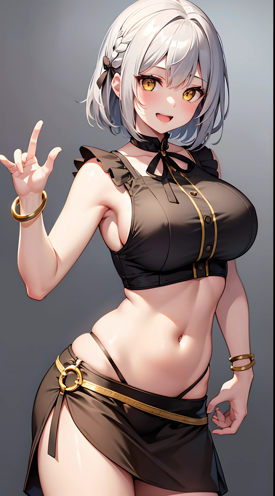 1 girl, game CG, brown sleeveless shirt, short slit skirt, neck ribbon, bangles, gigantic breasts, silver hair, short hair, french braid, yellow eyes, smile, open mouth, simple background,