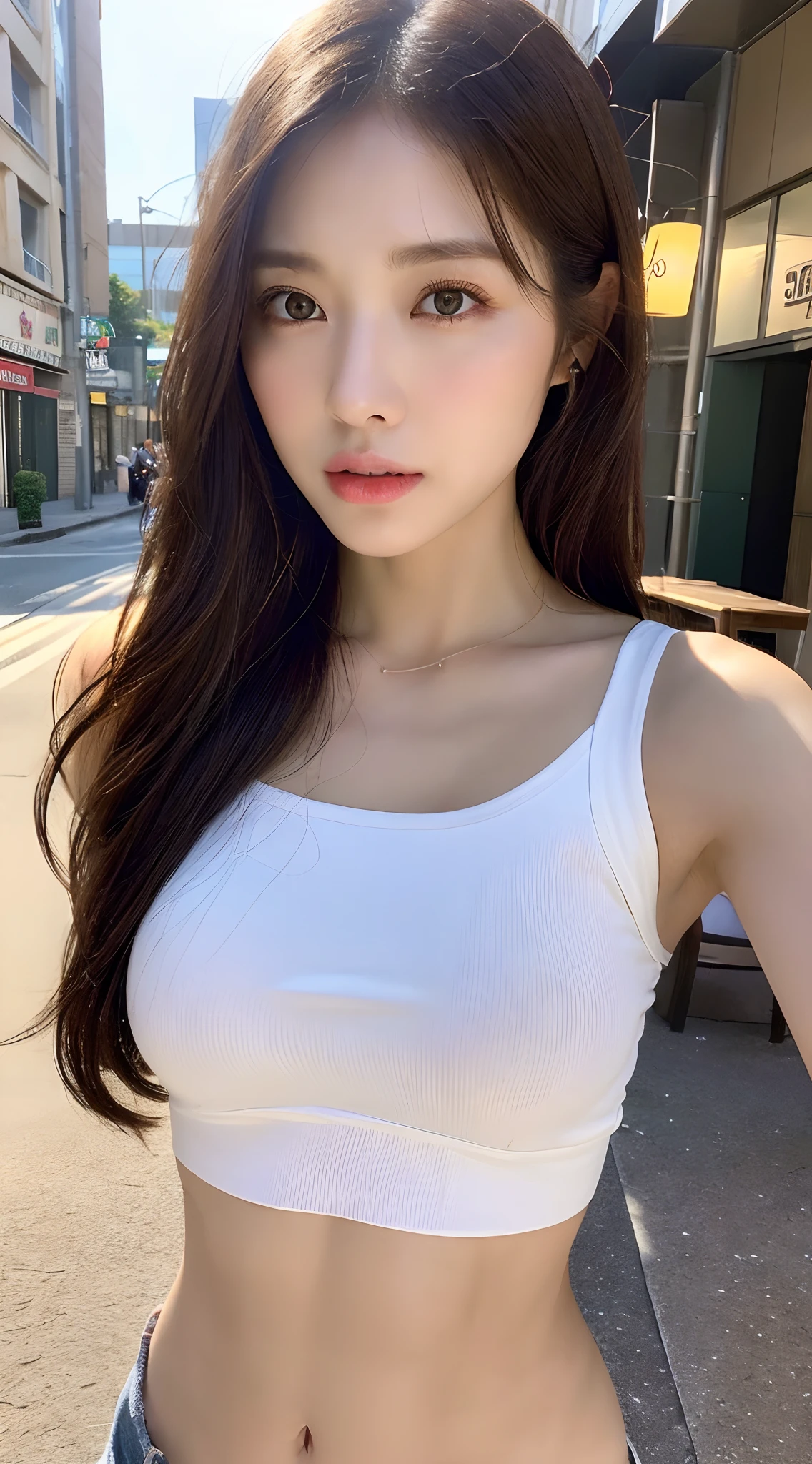 ((Realistic lighting, Best quality, 8K, Masterpiece: 1.3)), Clear focus: 1.2, 1girl, Perfect Figure: 1.4, Slim Abs: 1.1, ((Dark brown hair)), (White crop top: 1.4), (Outdoor, Night: 1.1), City streets, Super fine face, Fine eyes, Double eyelids,