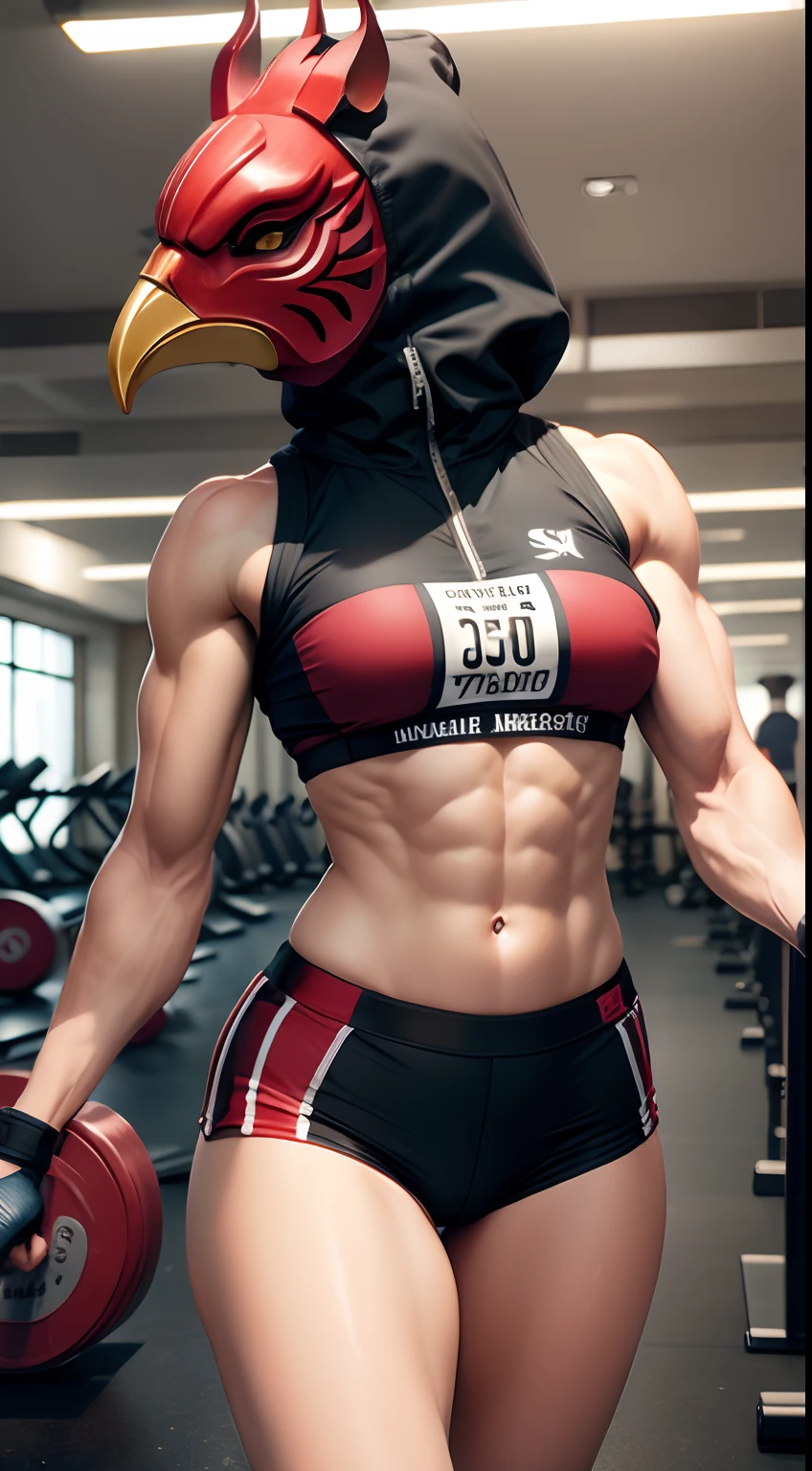 rooster mask gymer, gym center, lifting weight, muscle, masterpiece, ultra high quality
