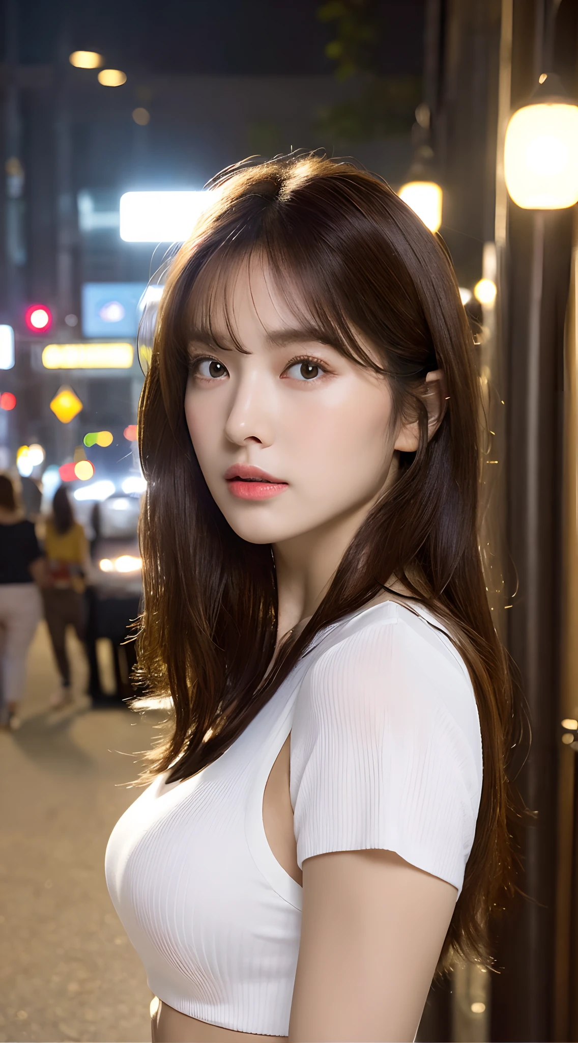 ((Realistic lighting, Best quality, 8K, Masterpiece: 1.3)), Clear focus: 1.2, 1girl, Perfect Figure: 1.4, Slim Abs: 1.1, ((Dark brown hair)), (White crop top: 1.4), (Outdoor, Night: 1.1), City streets, Super fine face, Fine eyes, Double eyelids,