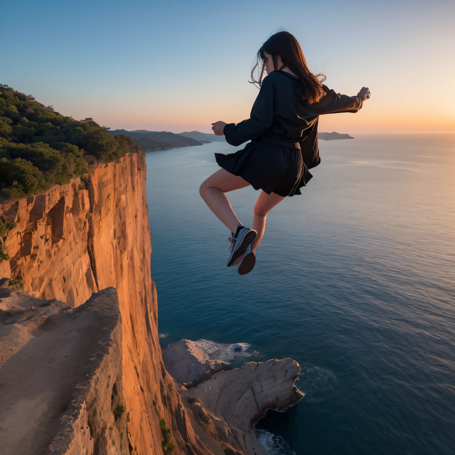 top-quality、One Woman、Jump off a cliff、View from below、Evening glow、Zoom to People