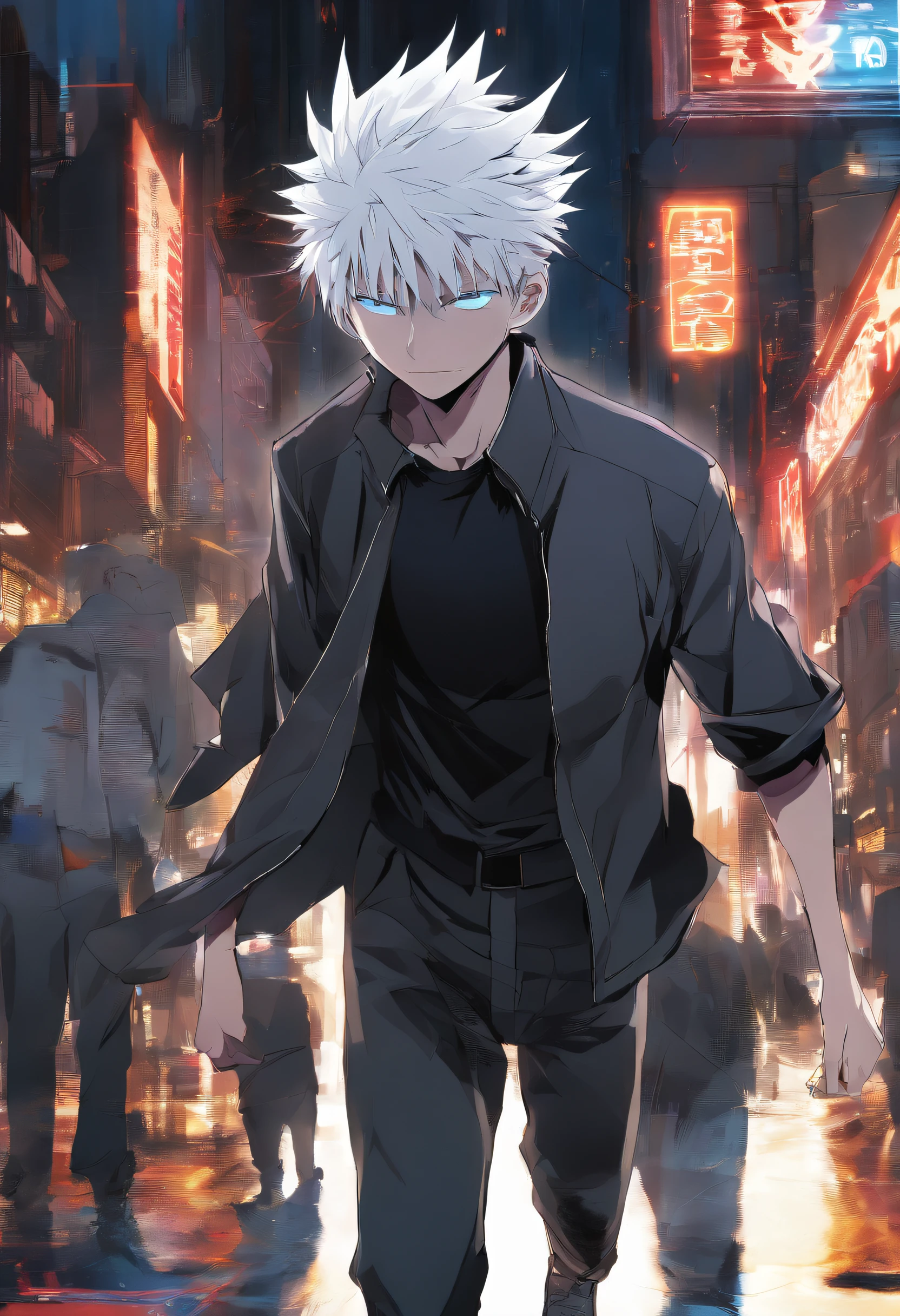 gojo satoru, jujutsu kaisen, anime, in the city, amazing, focused, ray of light, blue eyes, white hair, black shirt.