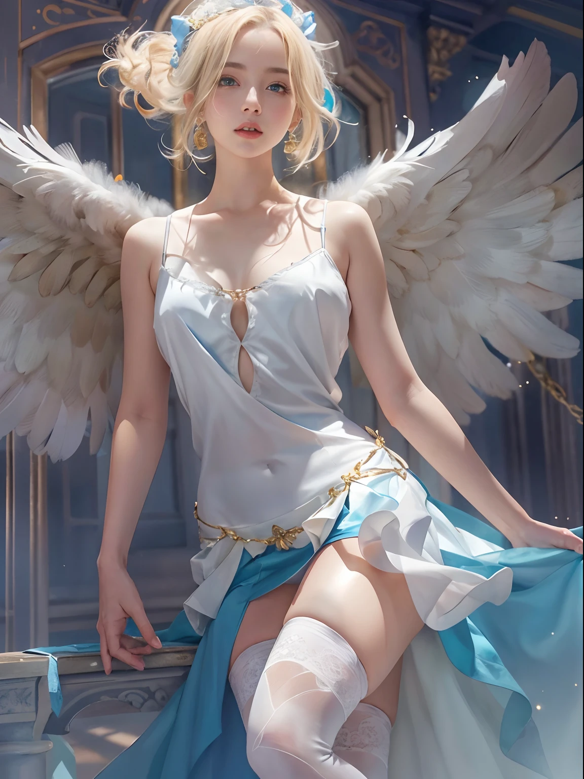 (Masterpiece:1.2, Best quality:1.2), full bodyesbian, Aria has waist-length blonde hair，Often beaten into loose waves, Her sparkling blue eyes reflect her optimism. Her skin was fair and rosy，an cheeks, She is slender，musculous，Reflects her active lifestyle. She wears a white sleeveless shirt，Blue ribbon and white pleated skirt，Falls above the knee. Arya's pure white wings were always visible on her back, Symbolizes her status as an angel, Ray tracing, Global illumination, An extremely delicate and beautiful, Best shadows, Shallow depth of field, Brilliant Colorful paintings, dramatic shadow, Dramatic lighting, Sharp focus, (8K), (4K), Extremely detailed, Intricate, ultra - detailed,White stockings