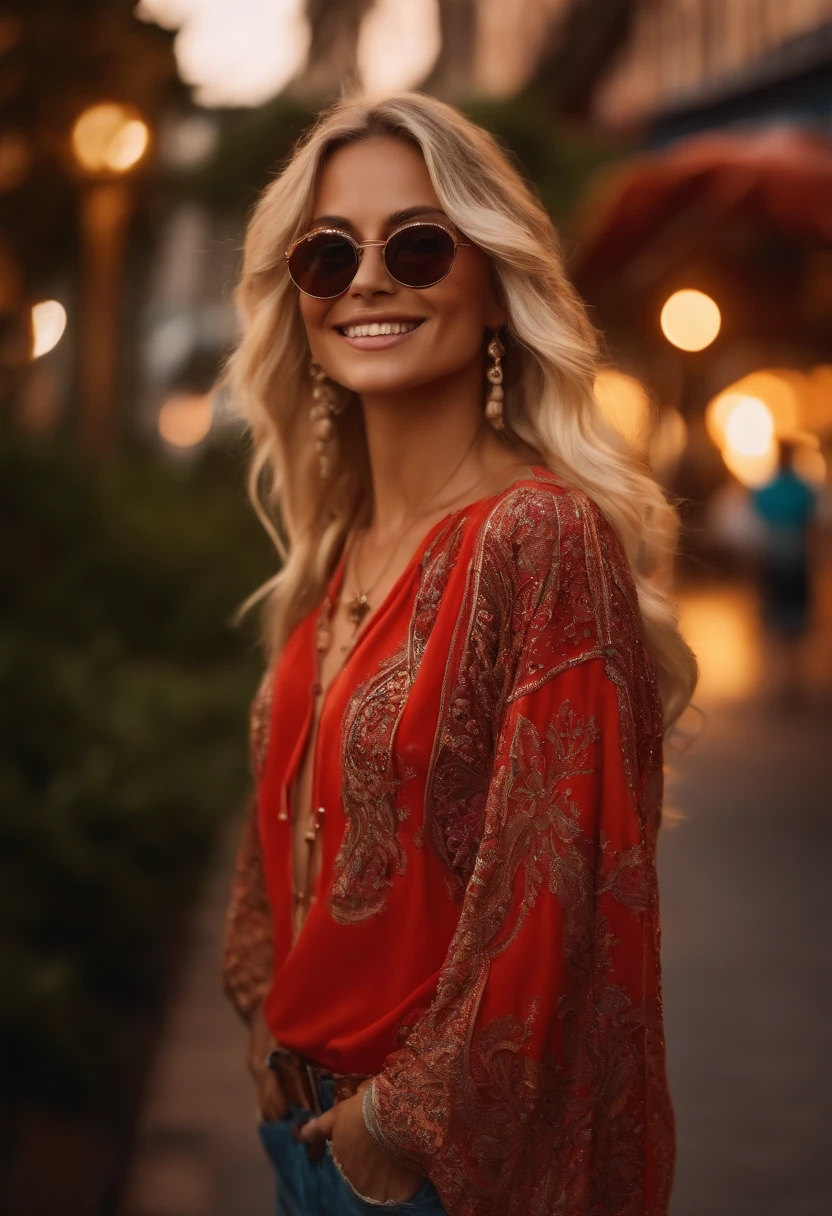 blond woman in a,(Hippie Fashion:1.4)、 Wear sunglasses、Drive a red Ferrari, Smiling on her phone. In the urban landscape、 ​masterpiece, top-quality, ultra-detailliert, Textured, Look at viewers, A detailed eye, A detailed face, (​masterpiece:1.4),(top-quality:1.4),(shinny skin), Neon light, (natta:1.4), mid night, crisp image, (Saturated color:1.5), bloom around lights,