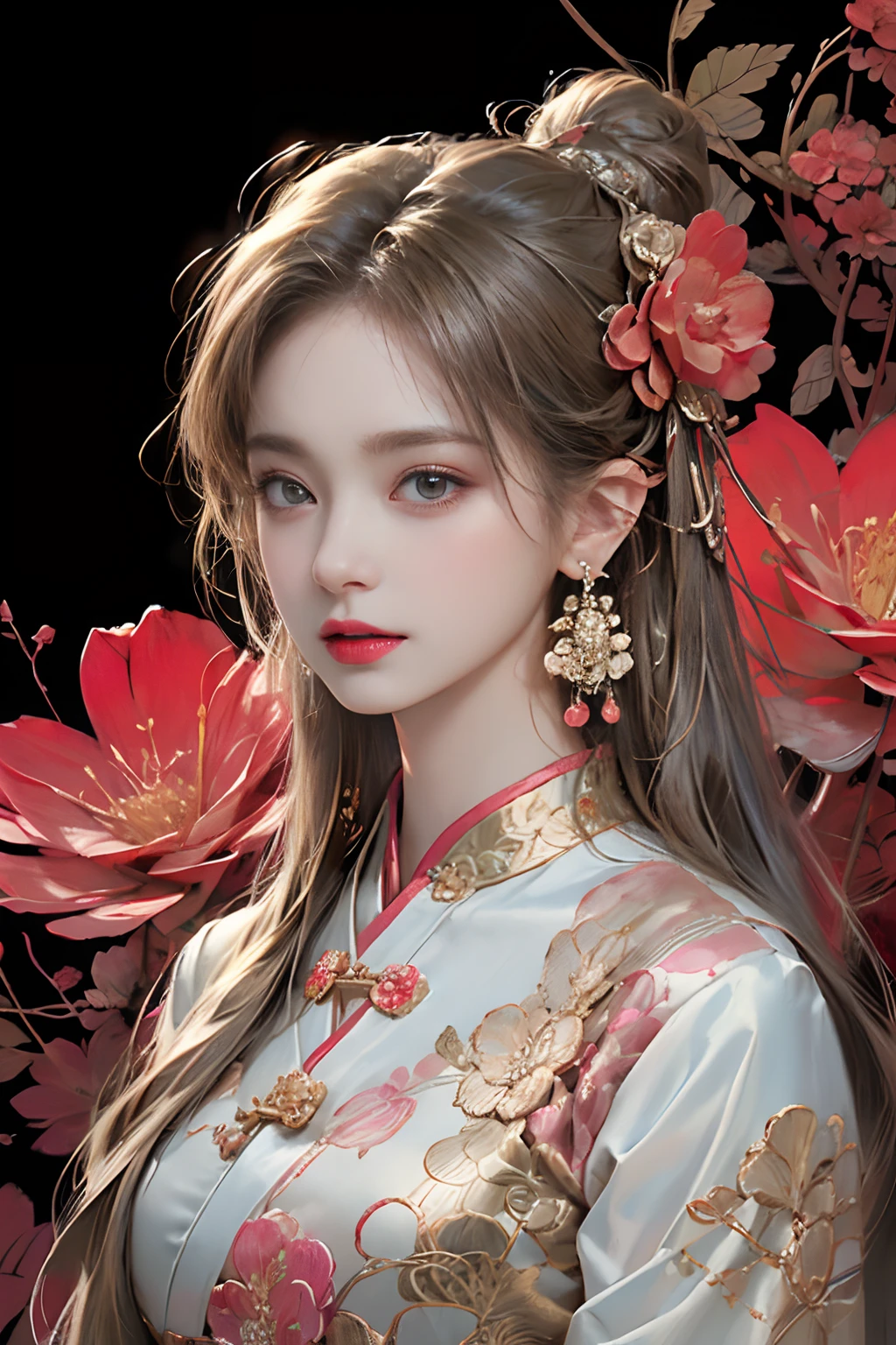 (masterpiece, top quality, best quality, official art, beautiful and aesthetic:1.2), (1girl:1.3), extremely detailed,(fractal art:1.1),(colorful:1.1)(flowers:1.3),highest detailed,(zentangle:1.2), (dynamic pose), (abstract background:1.3), (chinese Traditional cloth:1.2), (shiny skin), (many colors:1.4), ,(earrings:1.4),